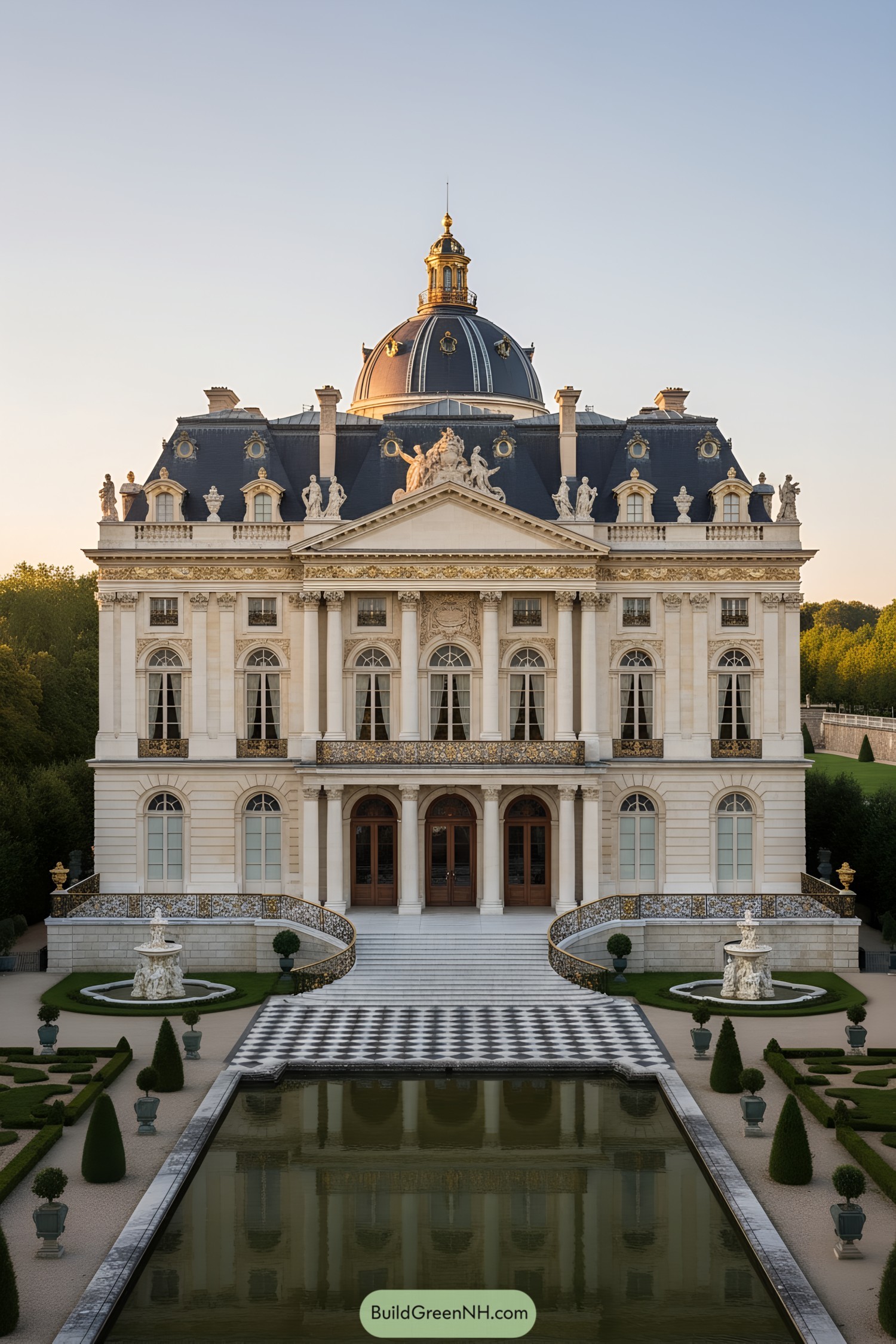 Grand palace facade with dome, stairs, and reflecting pool