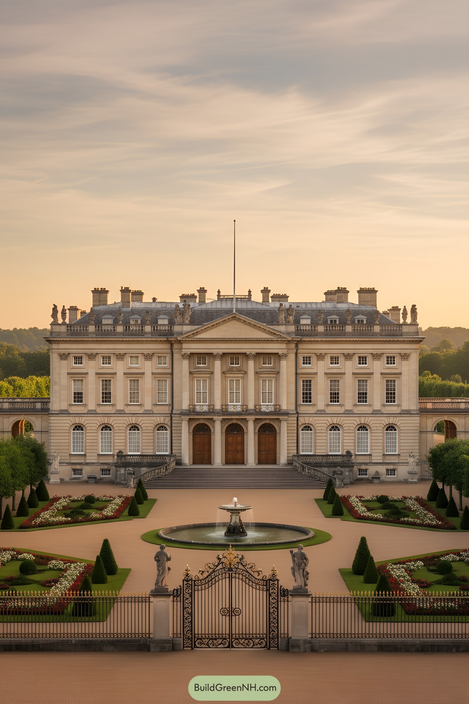 Grand limestone facade with central pediment and formal gardens