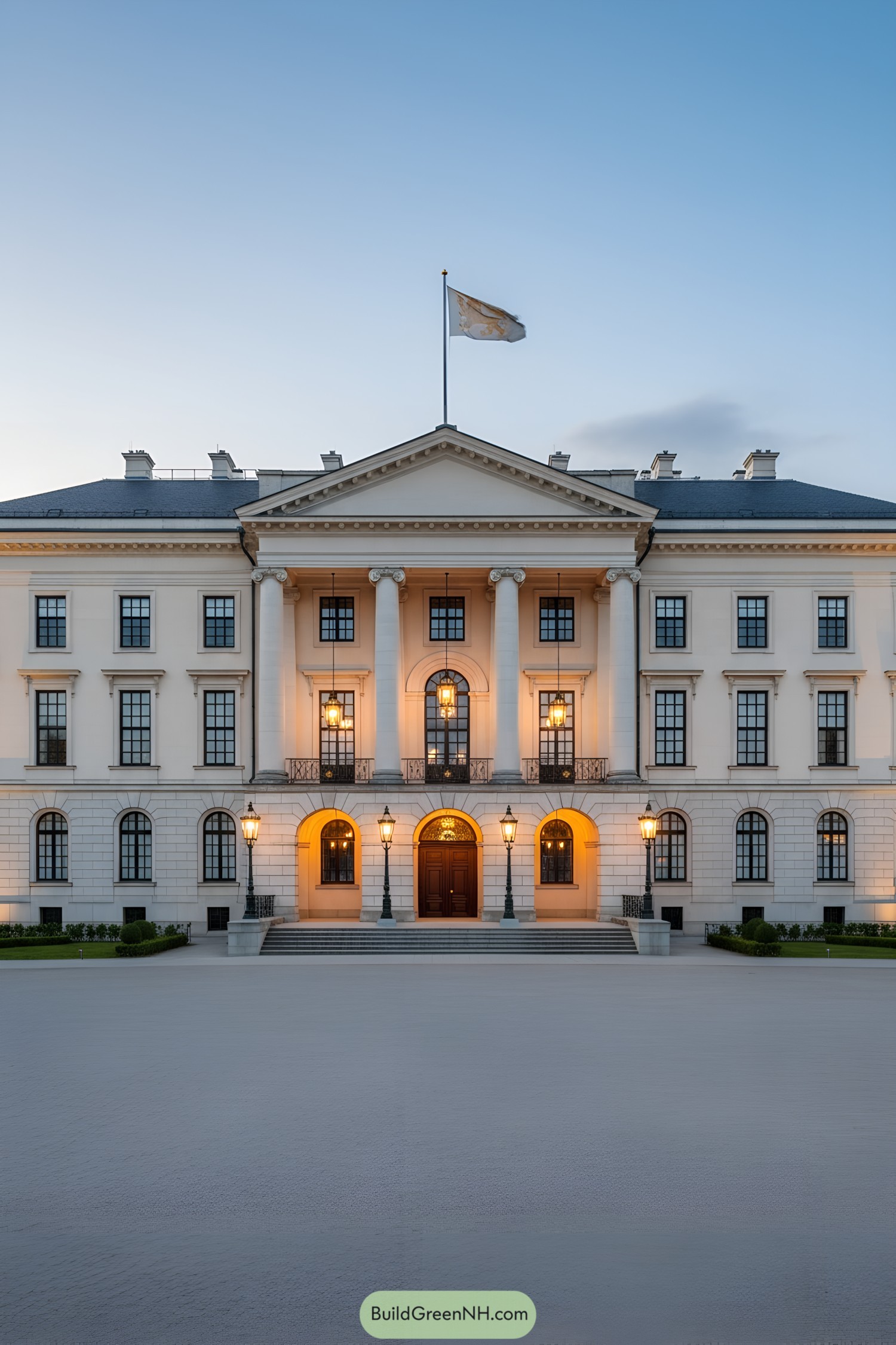 Symmetrical palace facade with tall columns