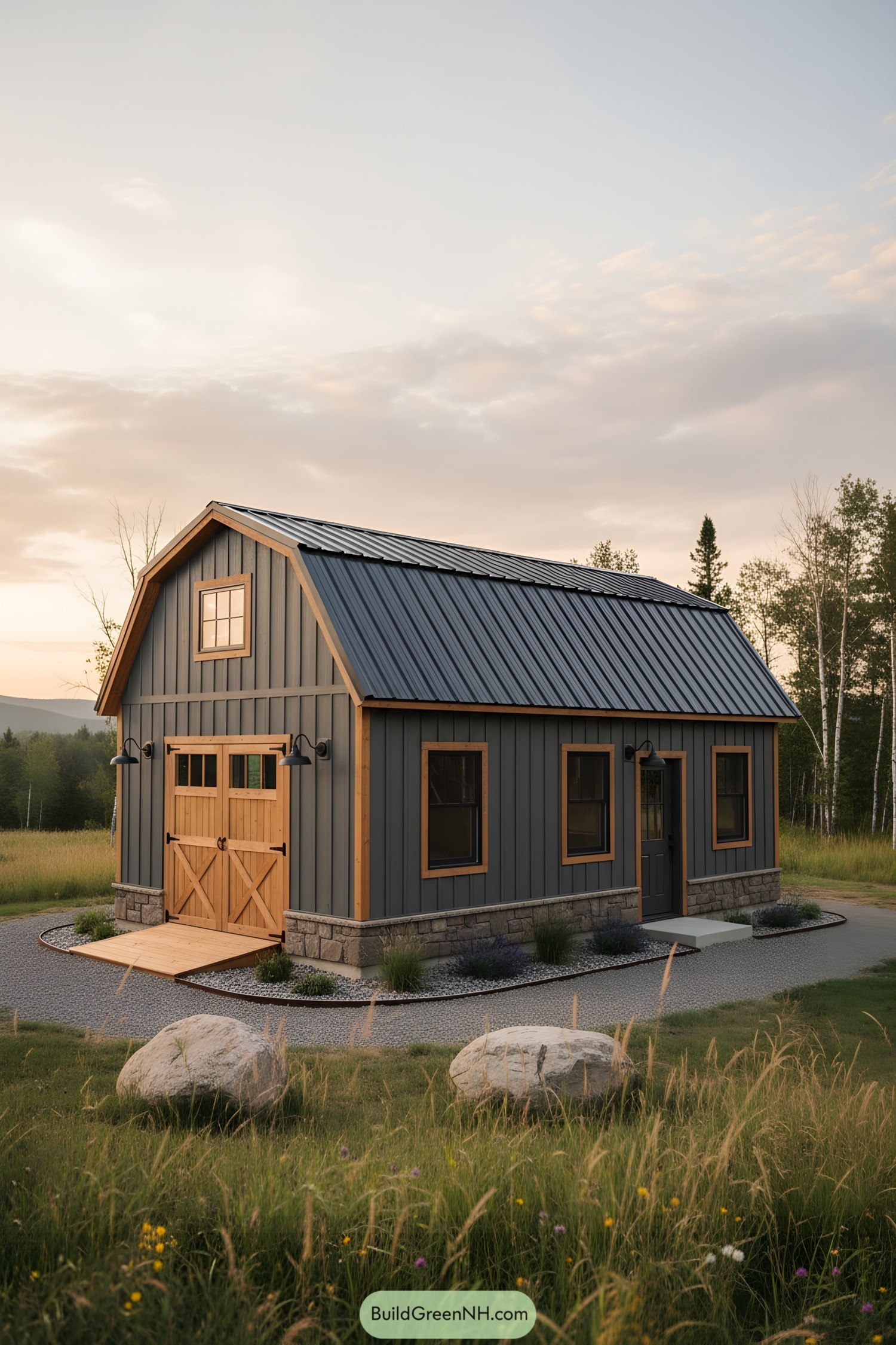 Gray gambrel-roof shed with loft window and wood-trimmed doors