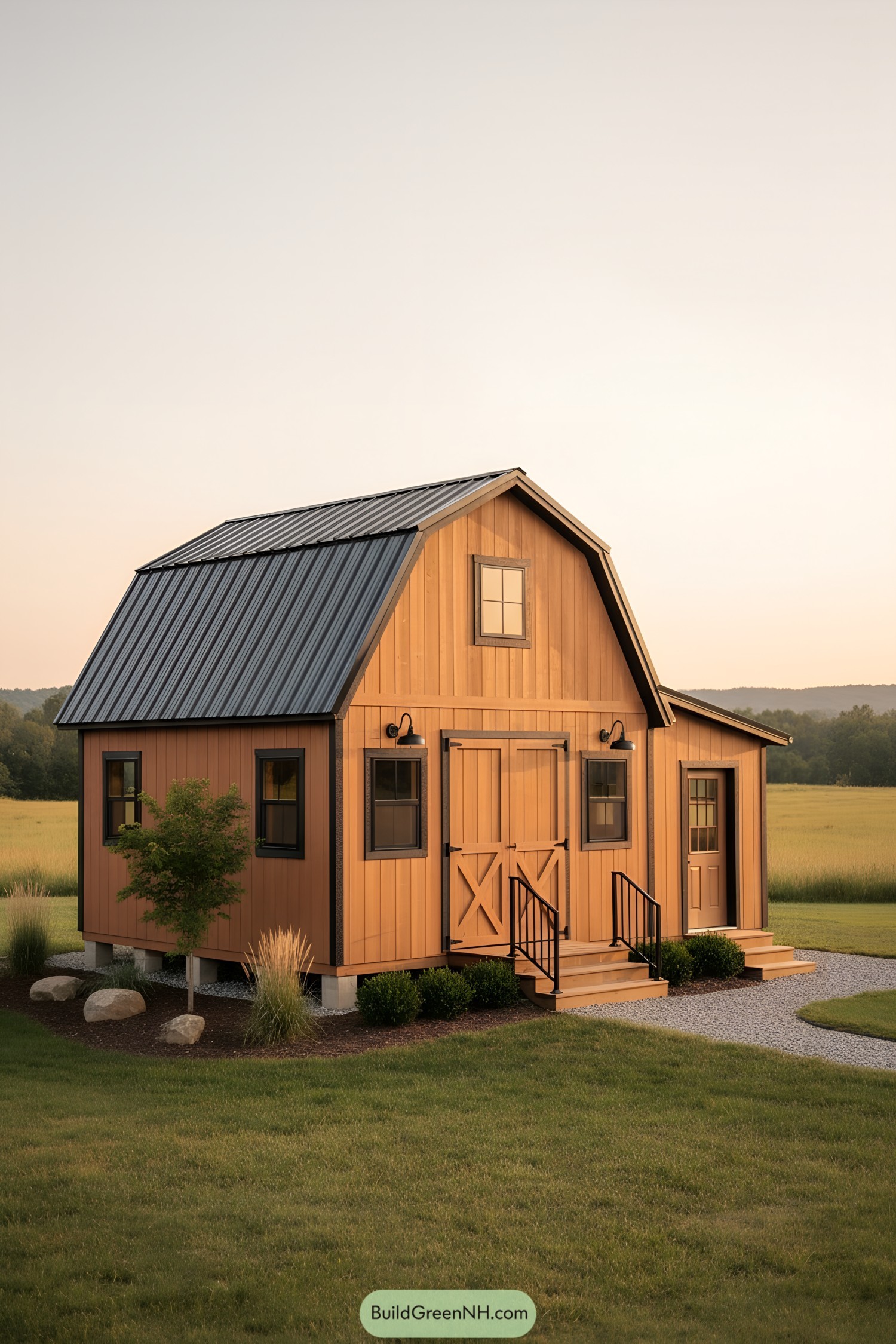 Small gambrel-roof shed with loft and side entry at sunset