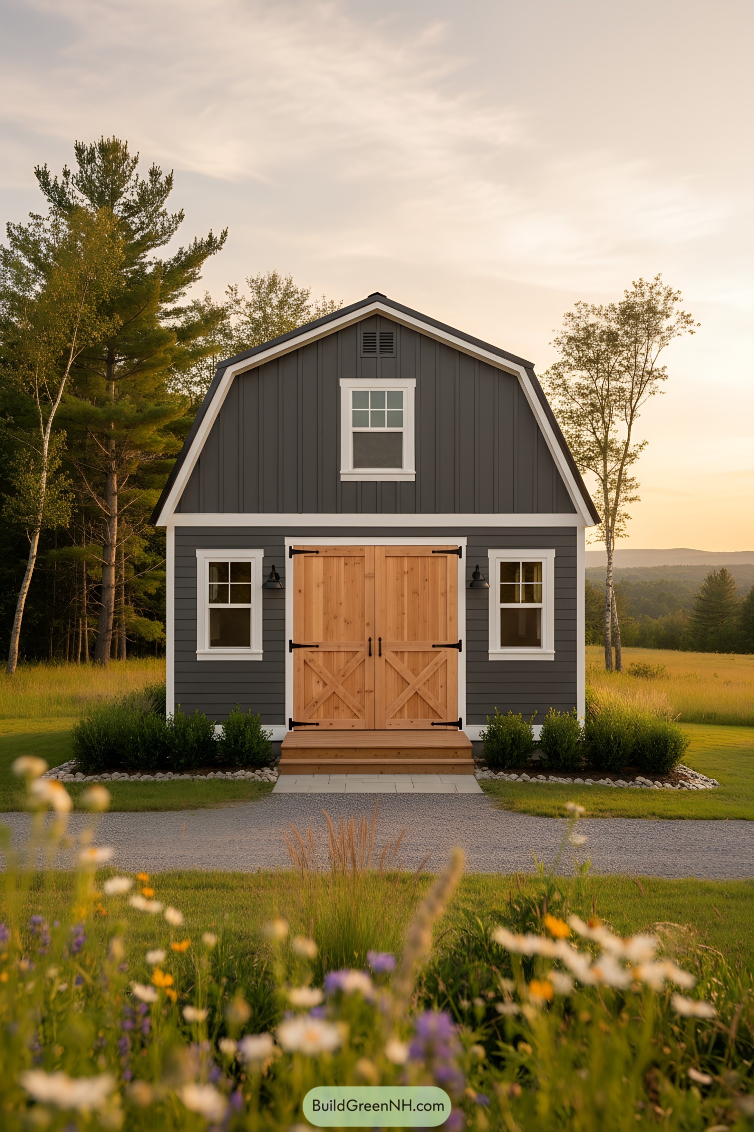 Gray barn-style shed with wood double doors and loft window
