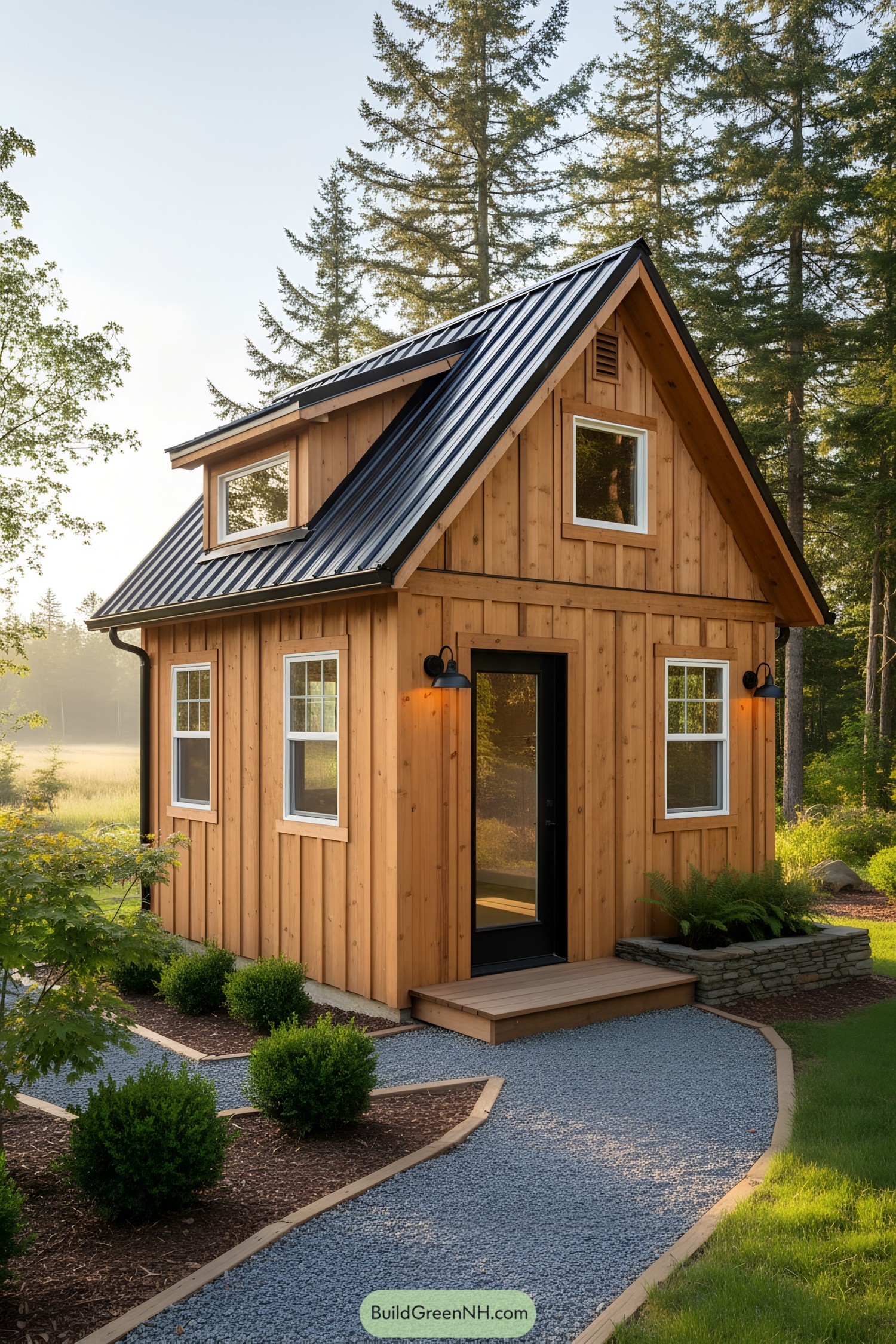 Cedar-clad shed with black metal roof and dormer loft windows in a forest clearing