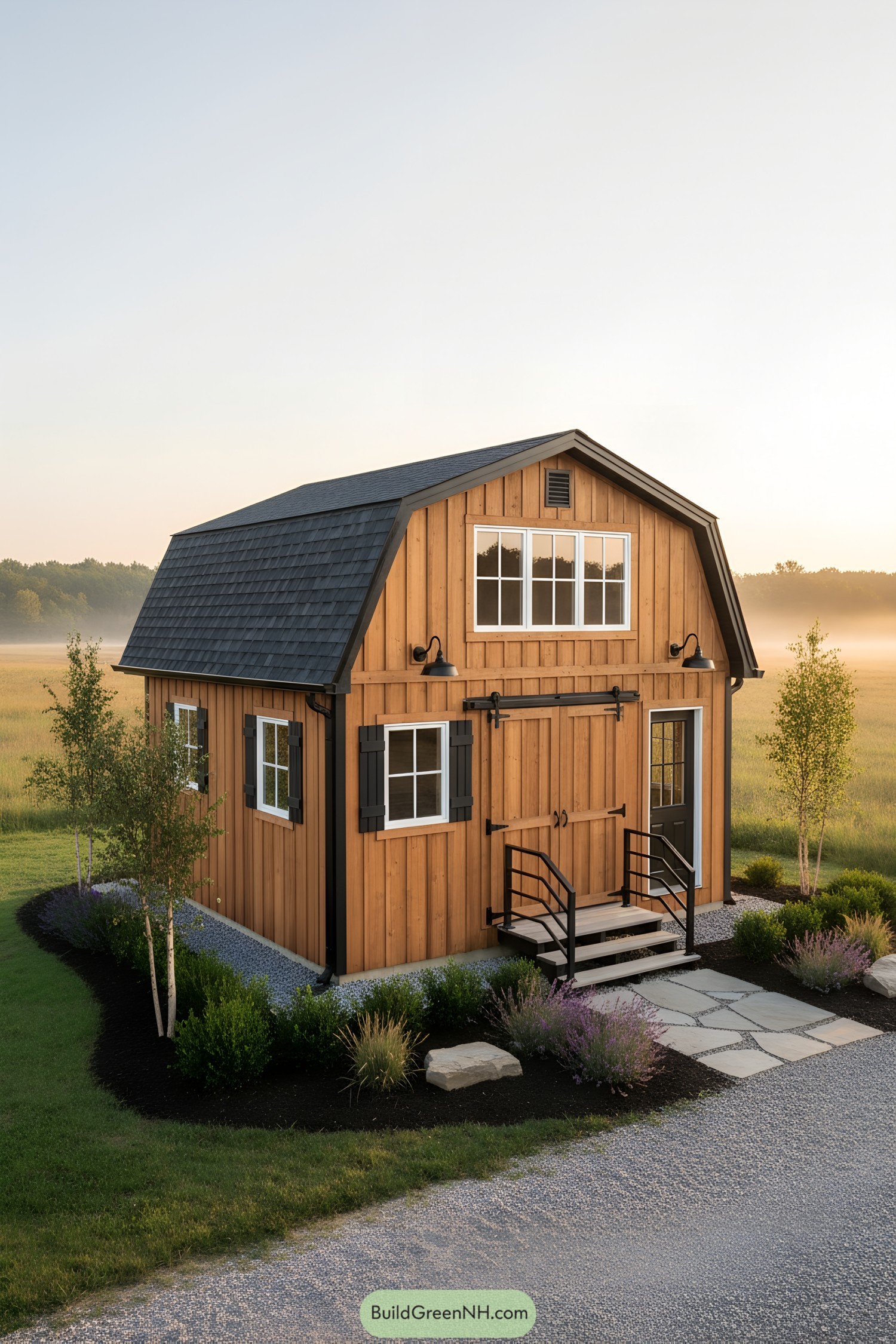 Warm cedar barn shed with loft windows and black accents
