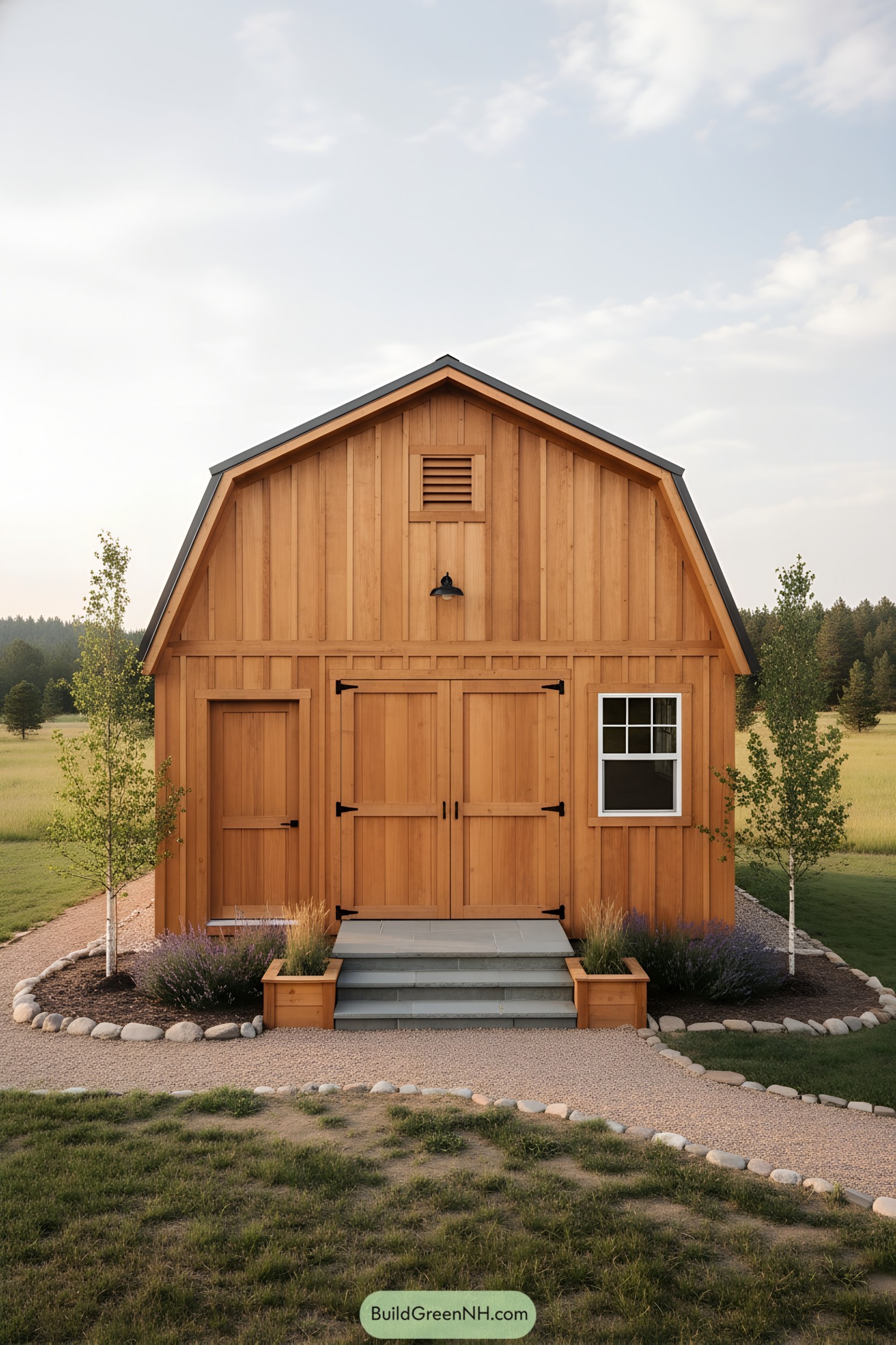 Cedar-clad gambrel shed with loft and steps