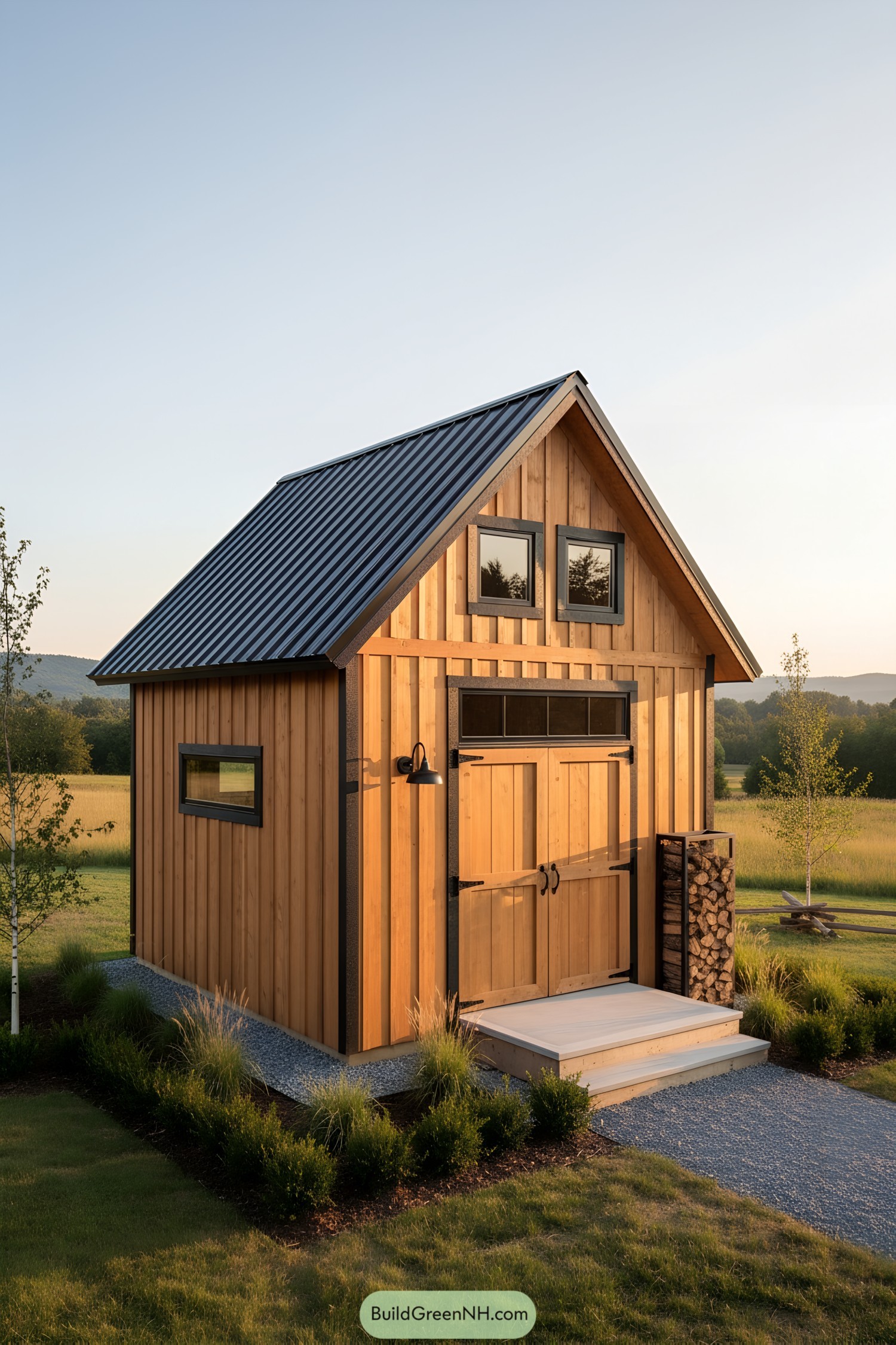 Small cedar barn shed with steep gable roof and loft windows
