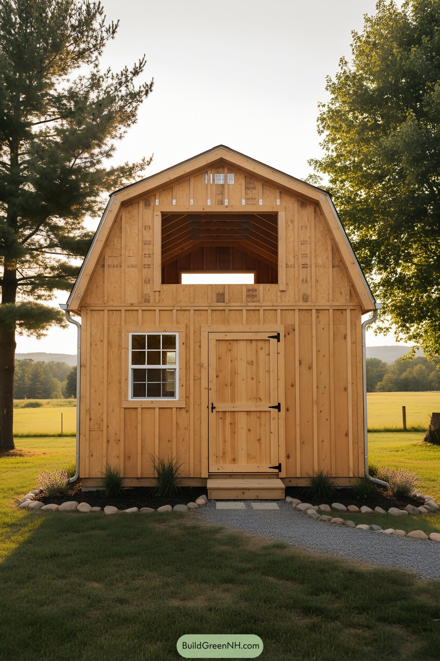 Small barn shed with loft opening and windowed door