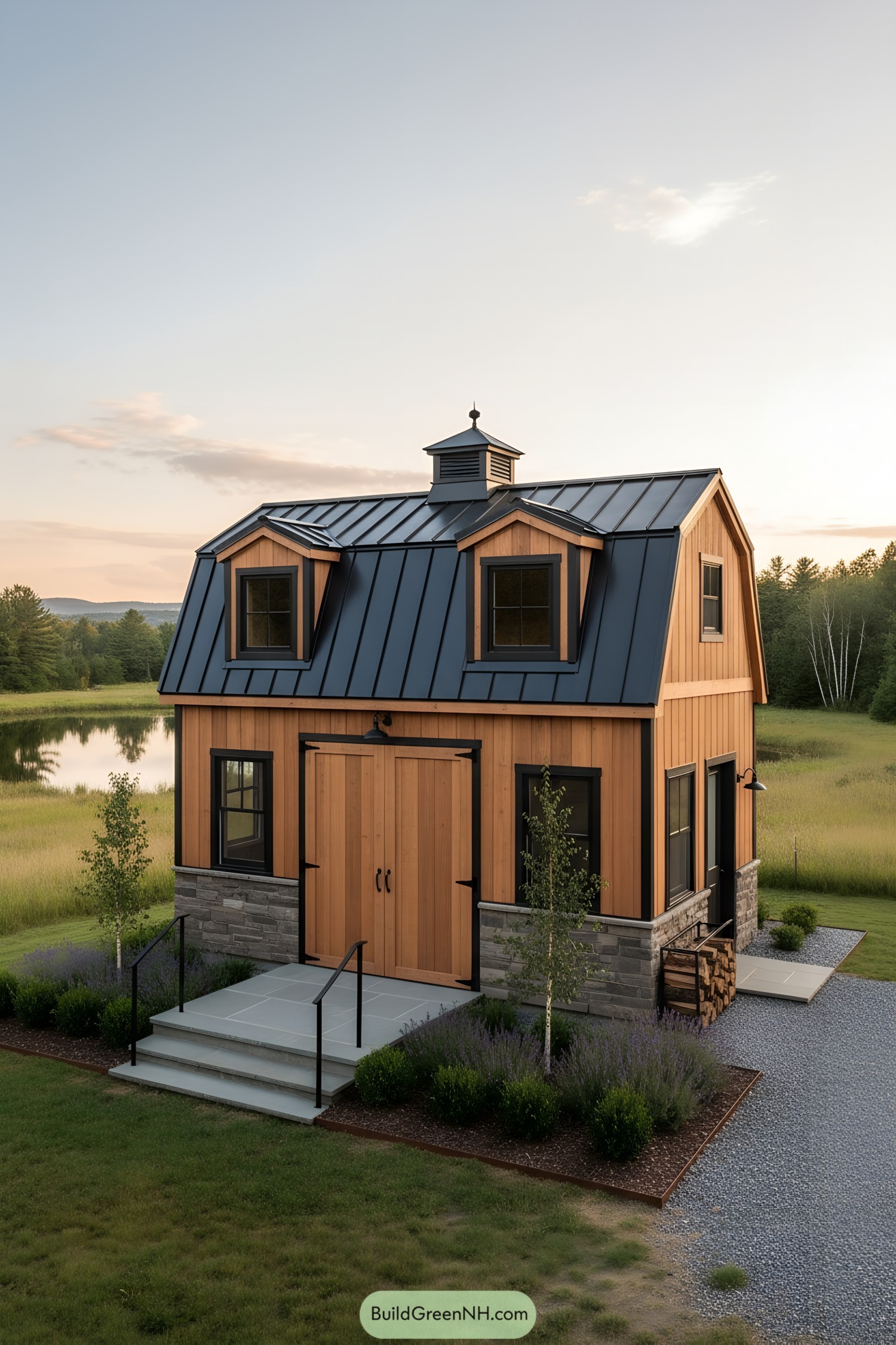 Warm wood-and-stone lofted barn with black metal roof and twin dormers at sunset