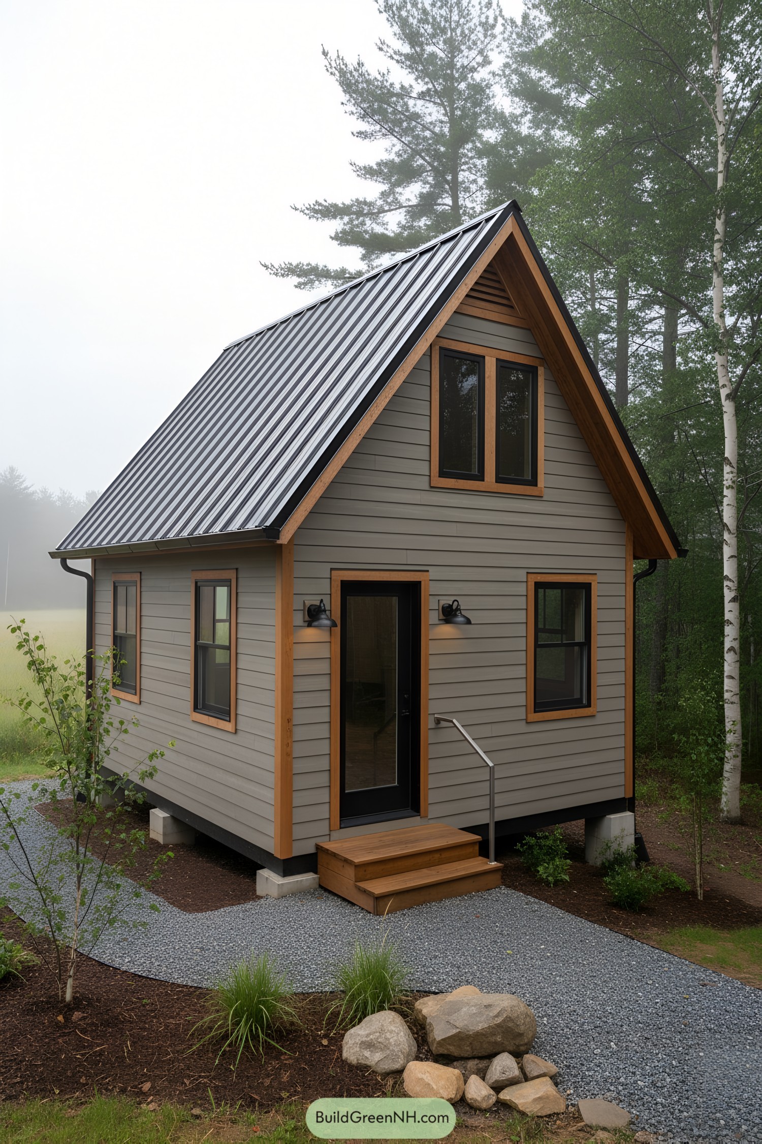 Small gray shed with steep metal roof and loft dormer