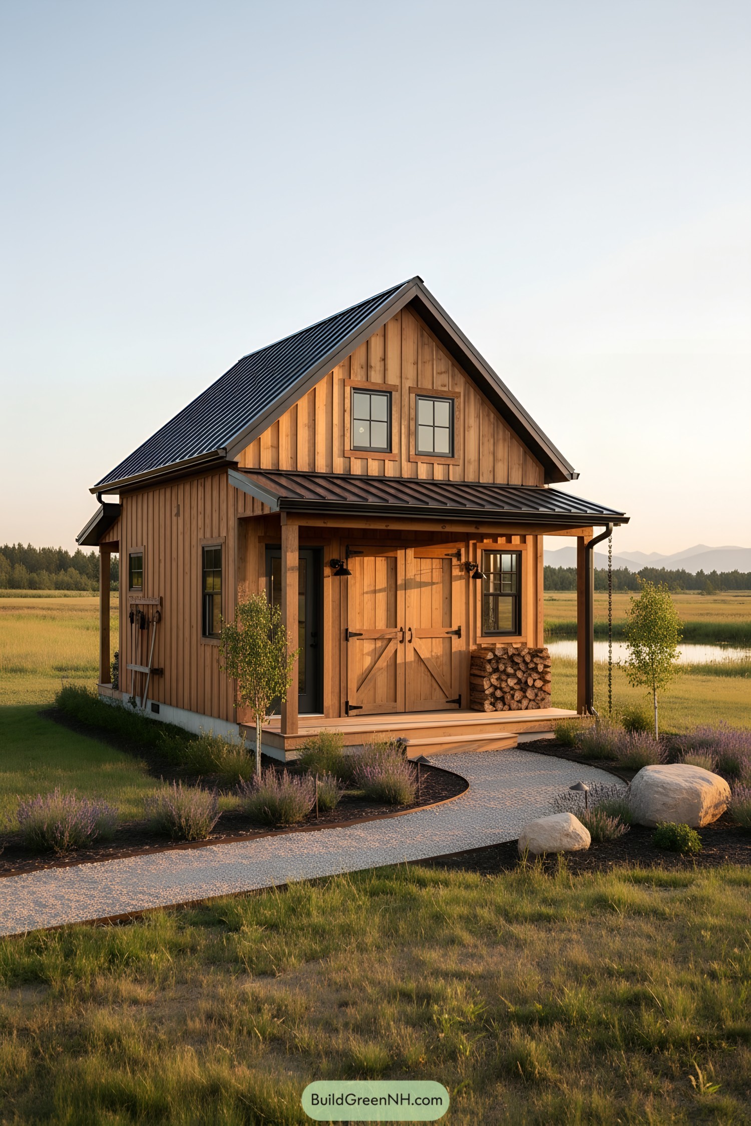 Small timber shed with gable roof porch and loft windows