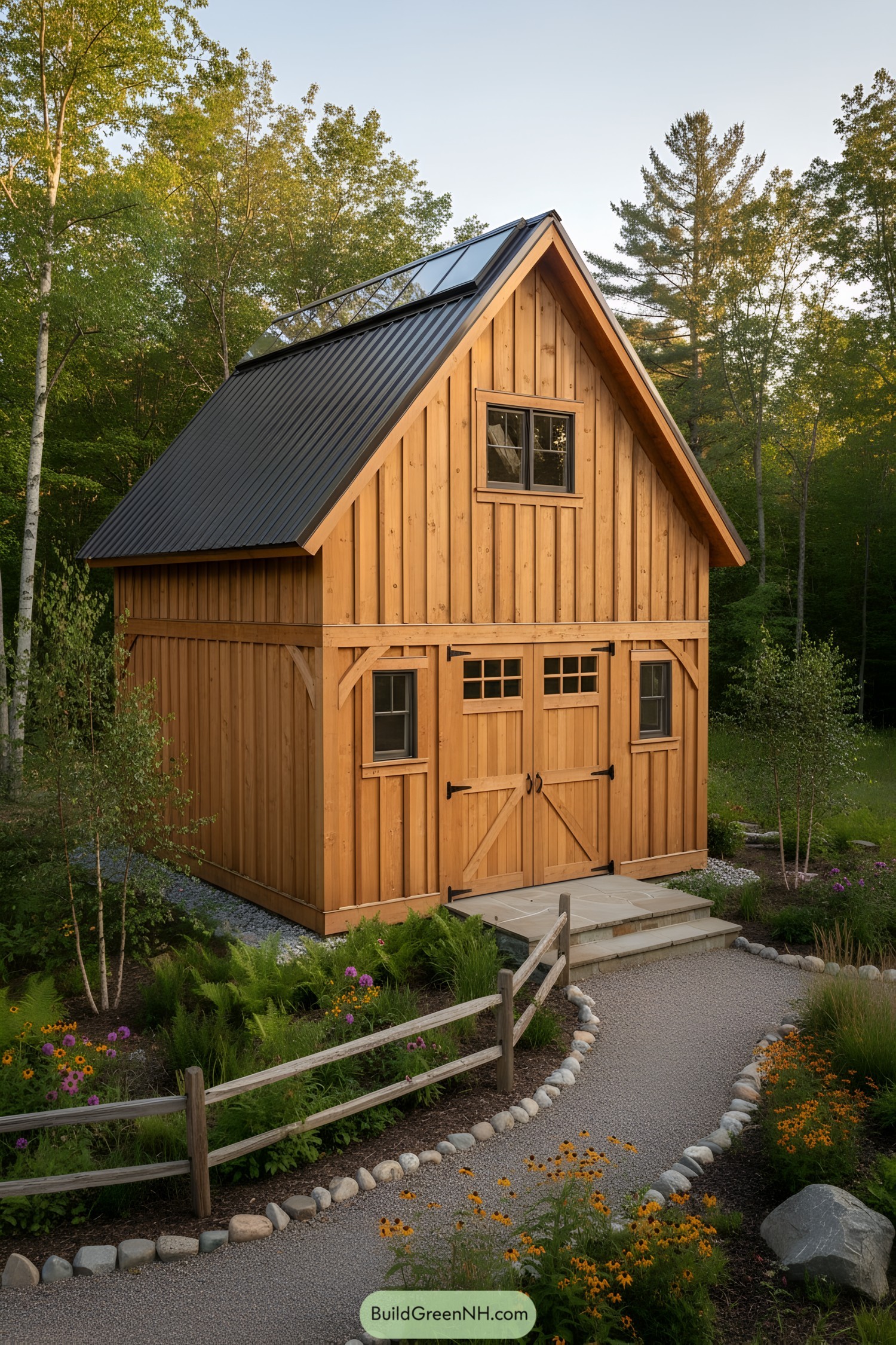 Small timber lofted shed with metal roof and solar panels on the eaves, set among a garden path