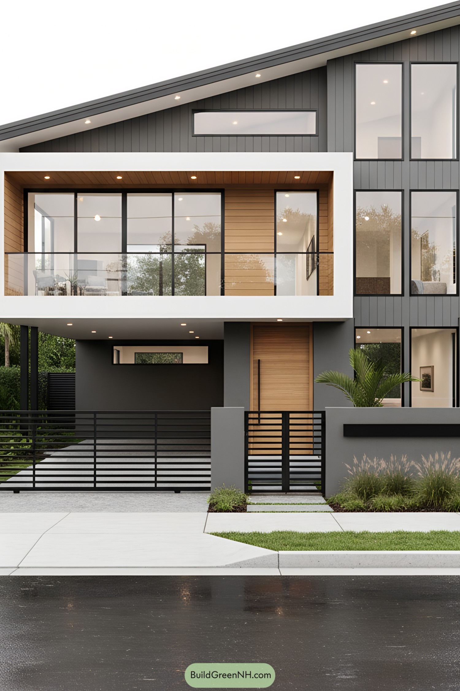 Modern two-story house with sloped roof, glass balcony, and gray wood cladding