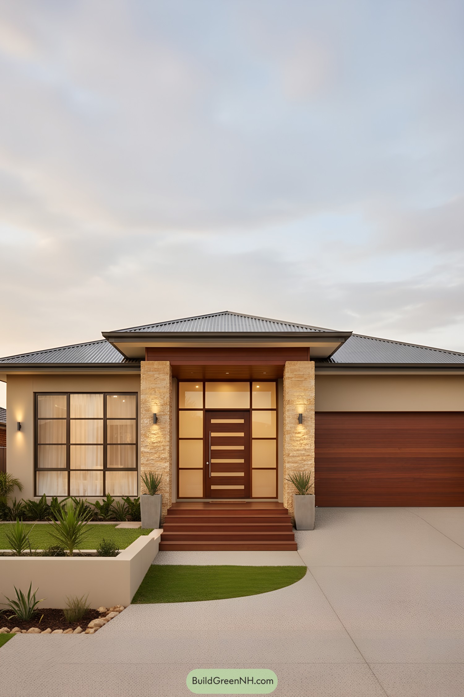 Warm modern facade with stone columns wood accents and a low-hip roof