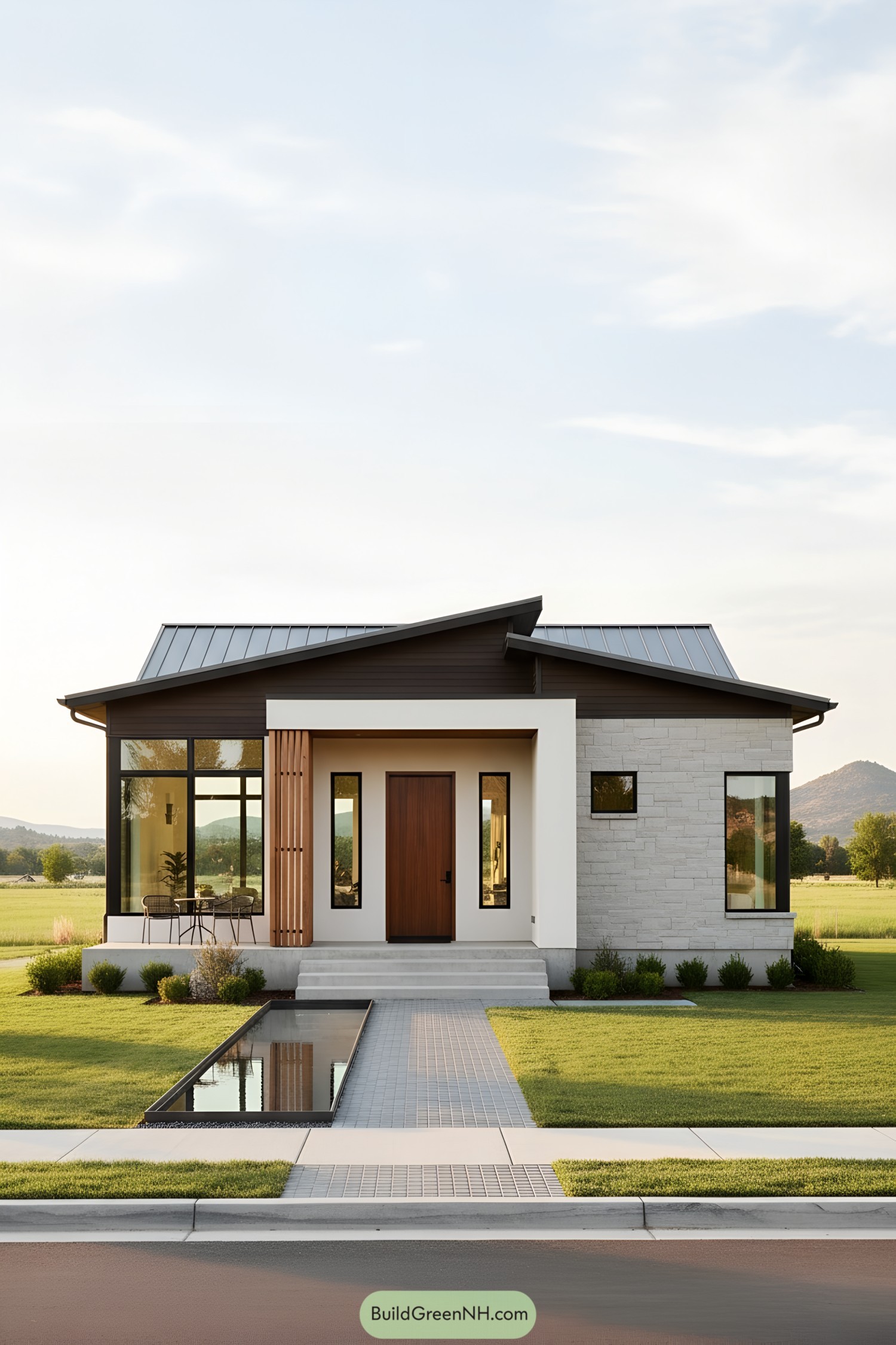 Modern single-story home with angled roof and reflecting pool path