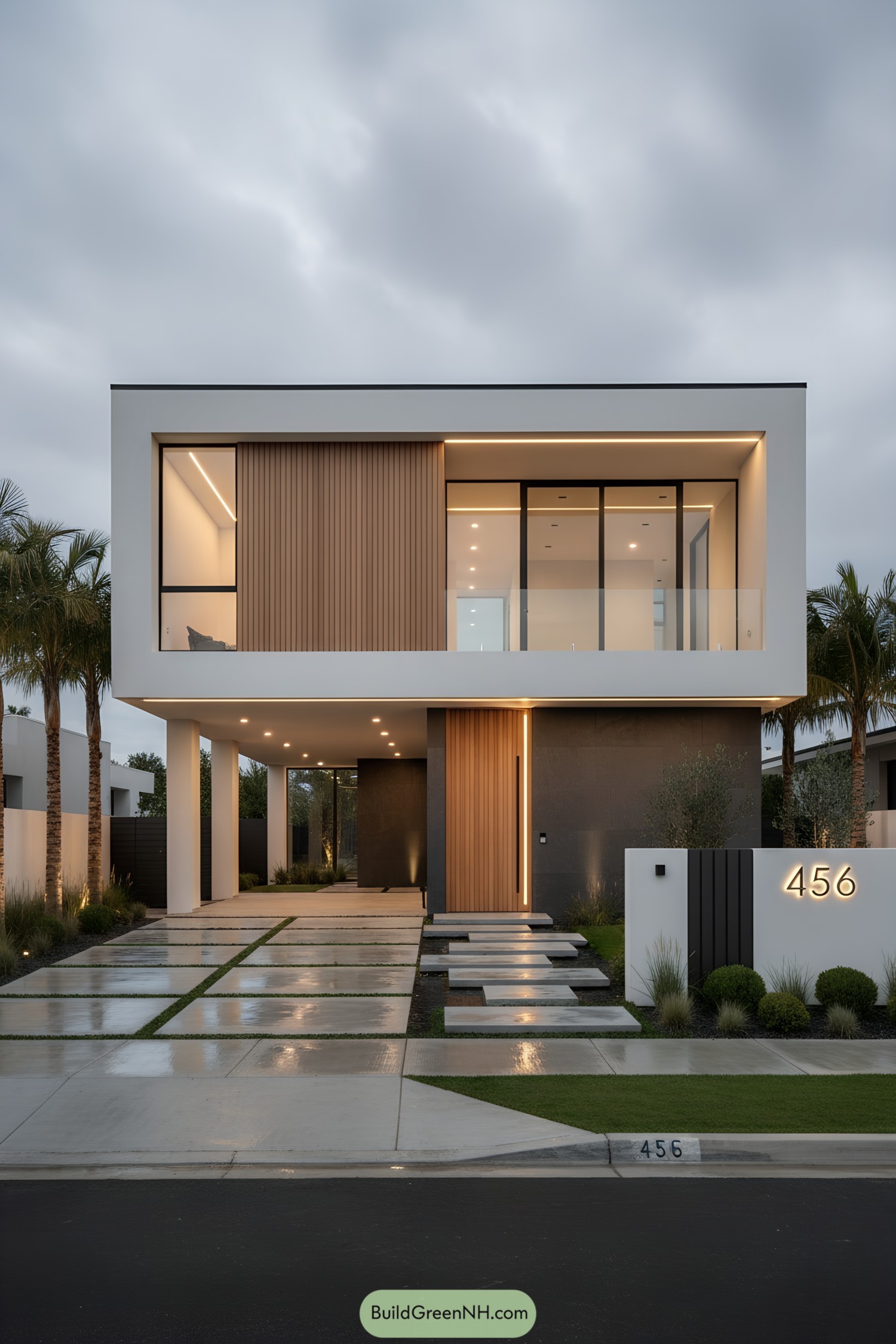 Two-story modern home with floating upper volume and warm wood accents at dusk