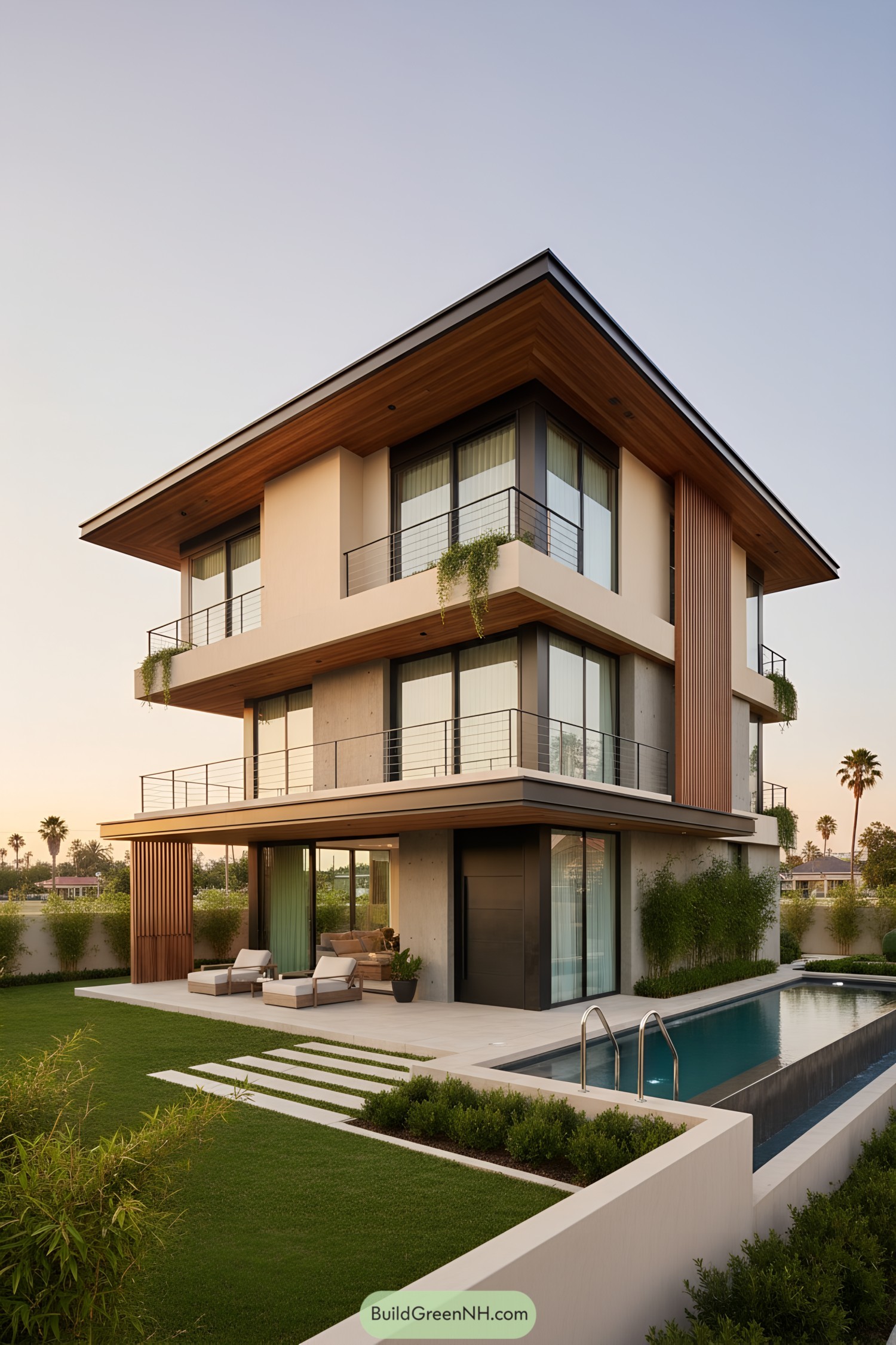 Three-story modern home with deep eaves and lap pool