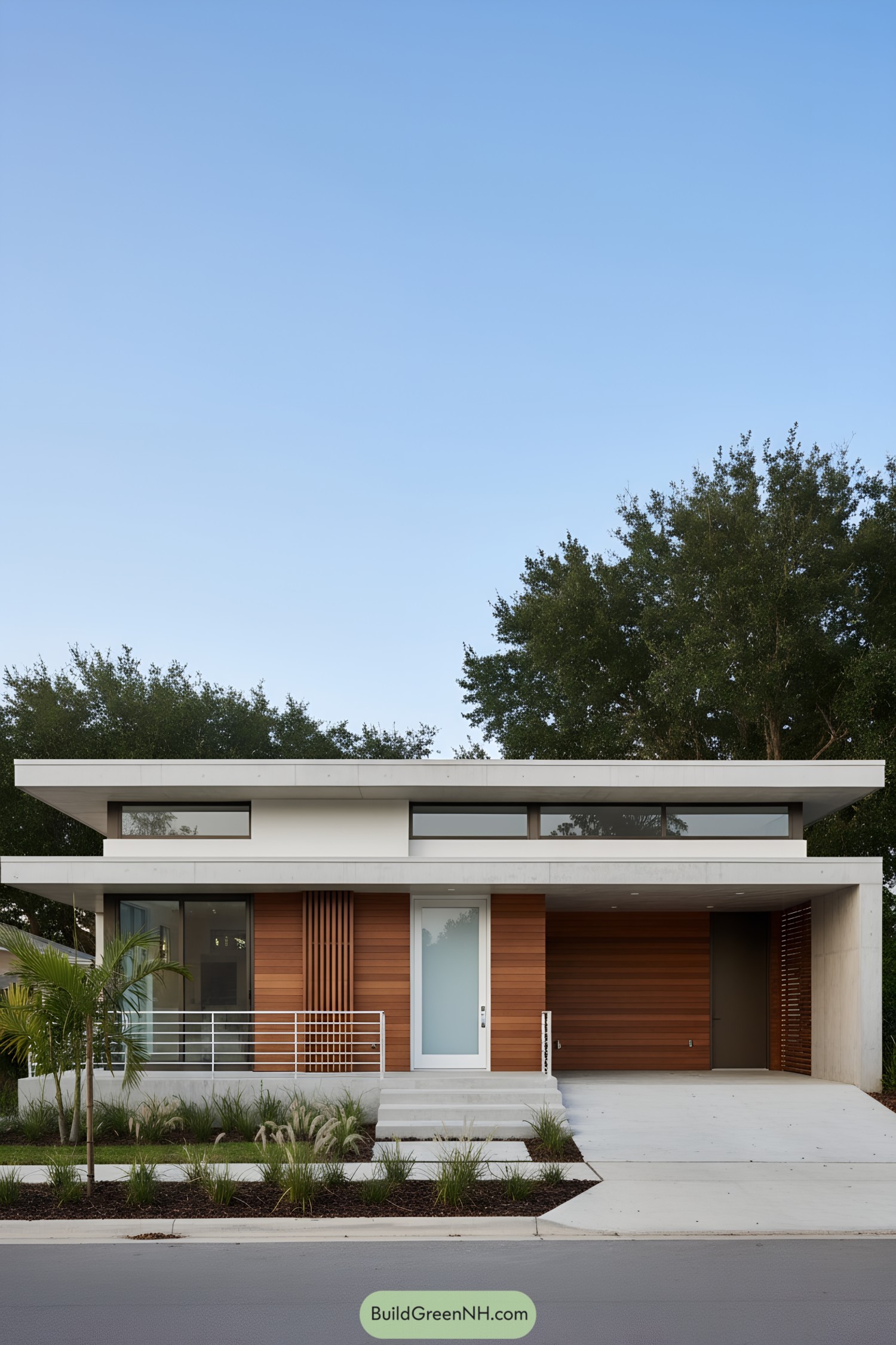 Flat-roof modern home with warm wood siding