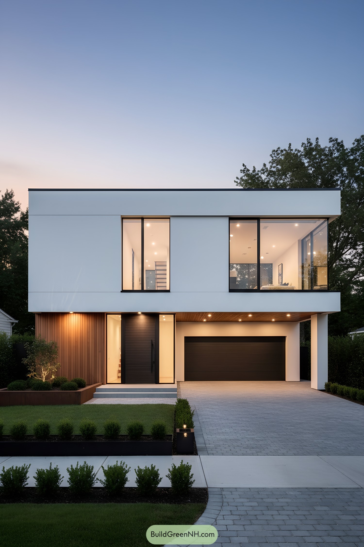 Two-story modern home with cantilevered upper level and large glass windows at dusk