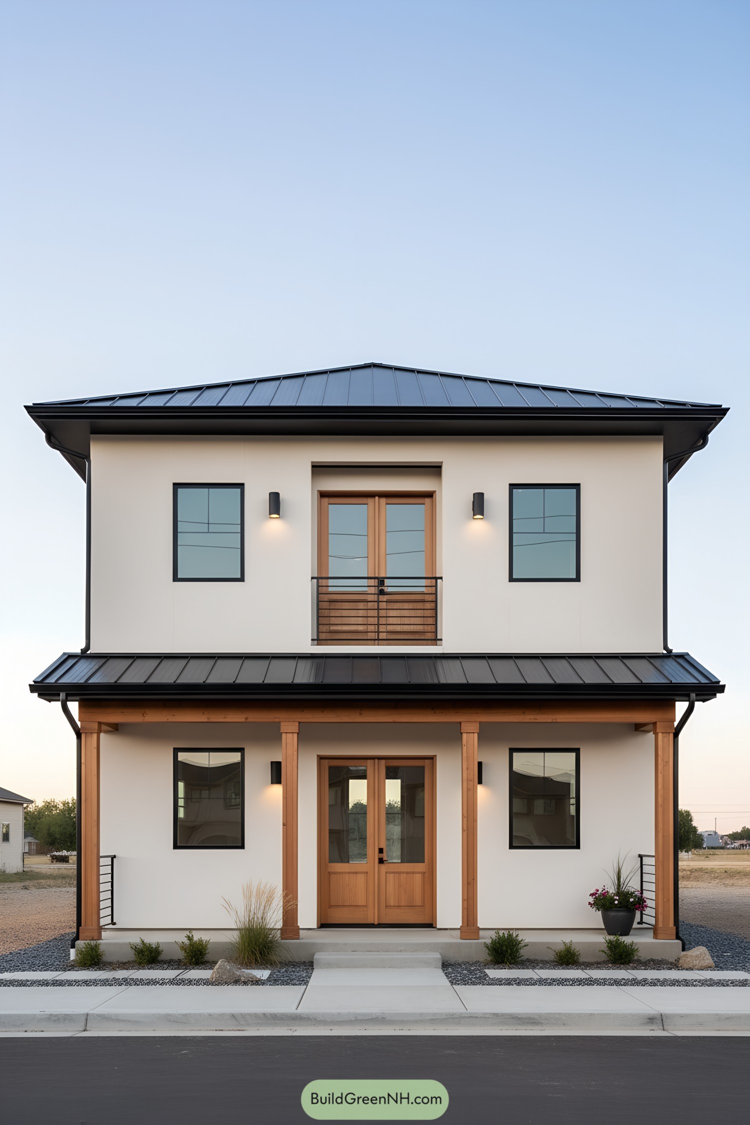 Two-story modern house with black metal roof, warm wood accents, and small balcony above the entry