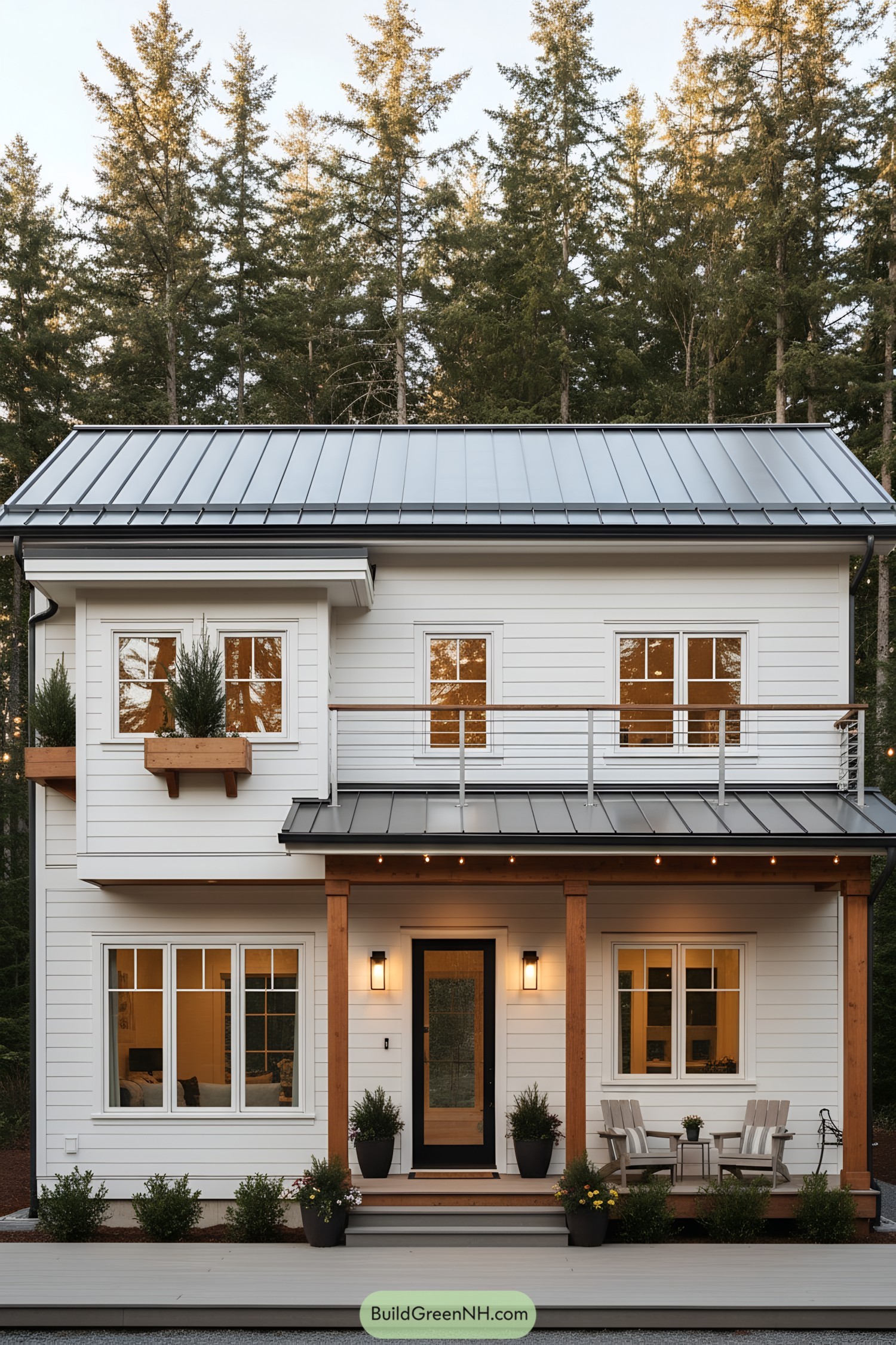 Two-story white house with metal roof, wood posts, balcony rail, and cozy front porch seating