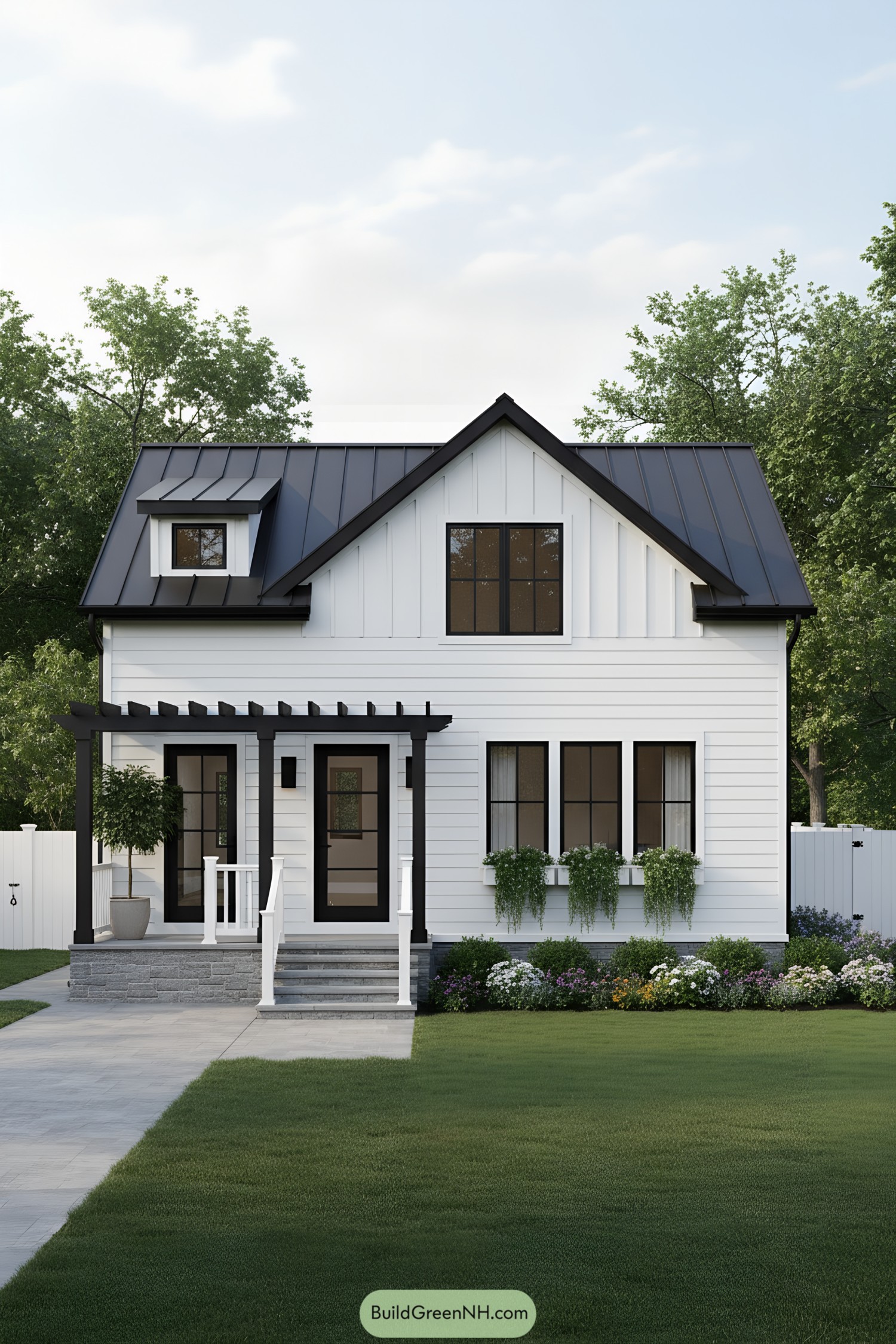 White cottage with black metal roof and pergola porch