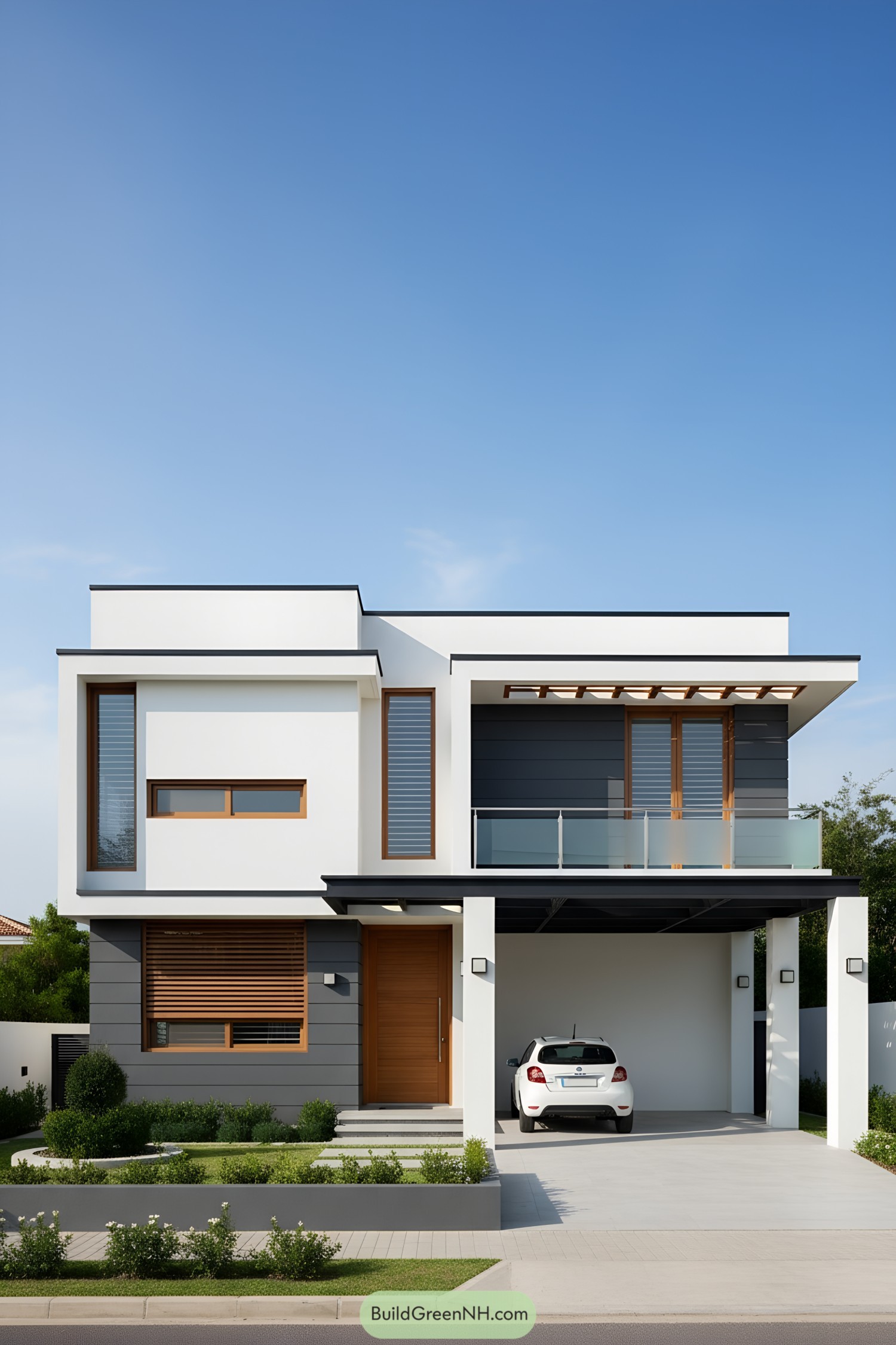 Two-story modern home with balcony and carport