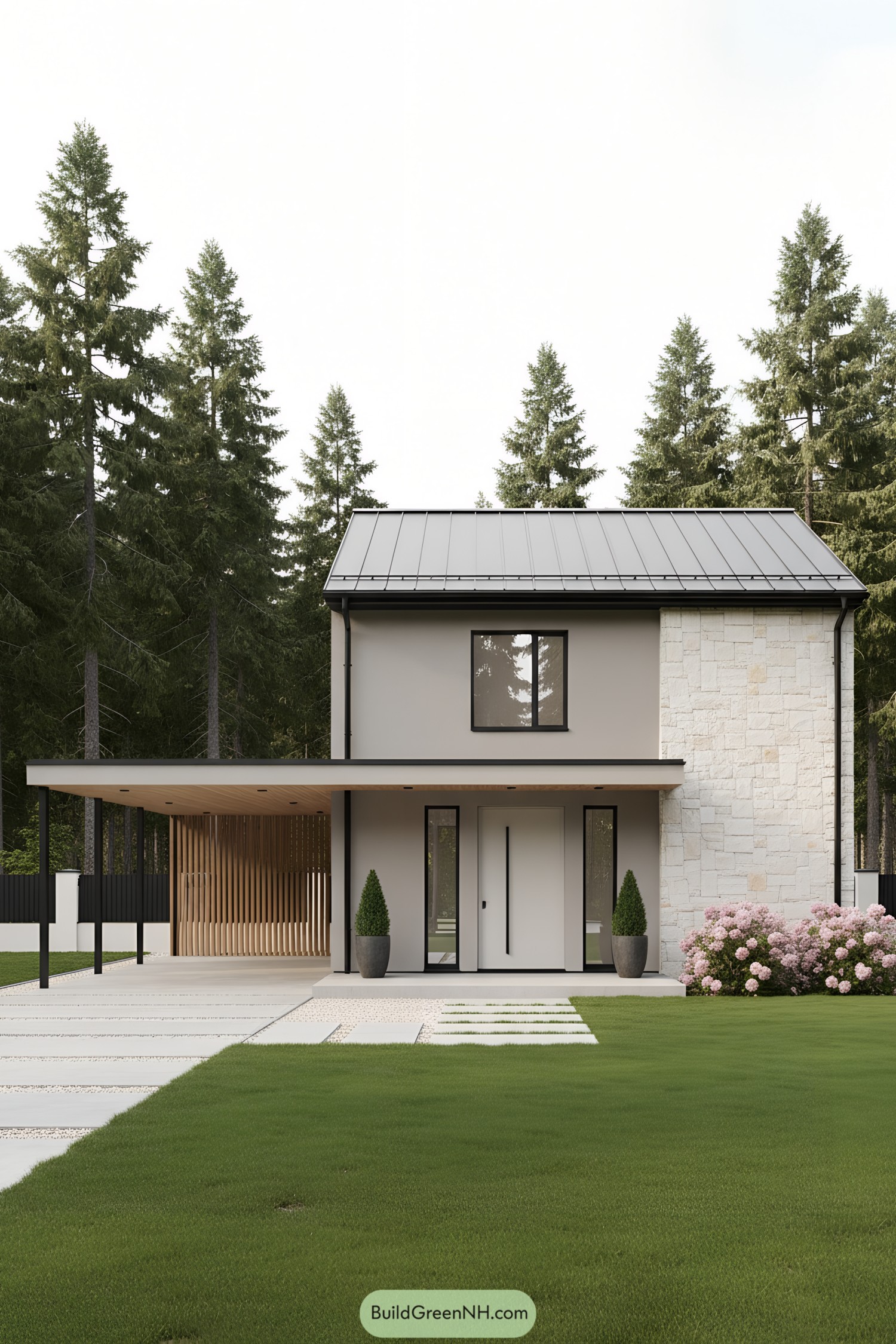 Two-story modern home with metal roof, stone accent wall, and covered carport