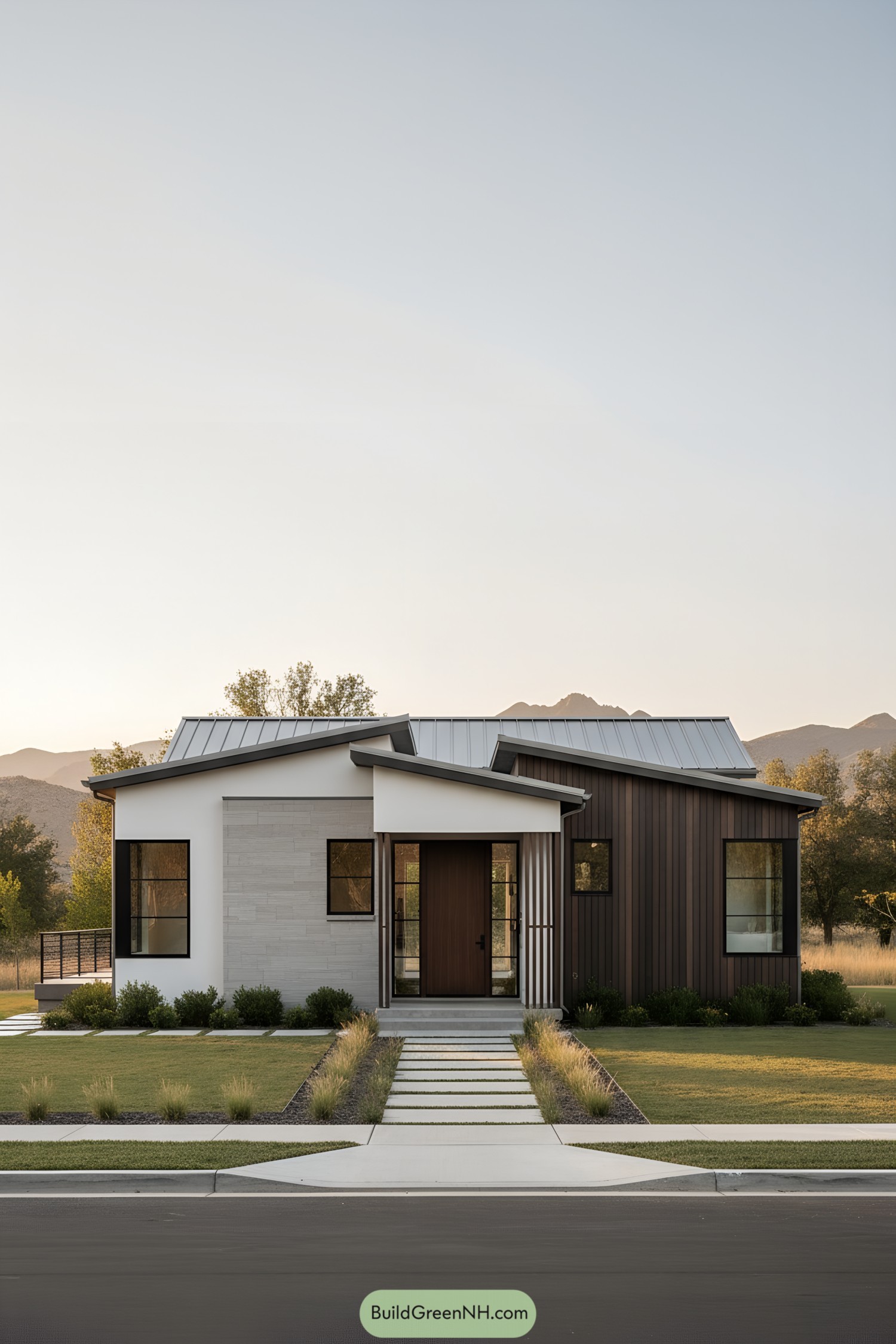 Compact modern house with mixed siding and metal roof