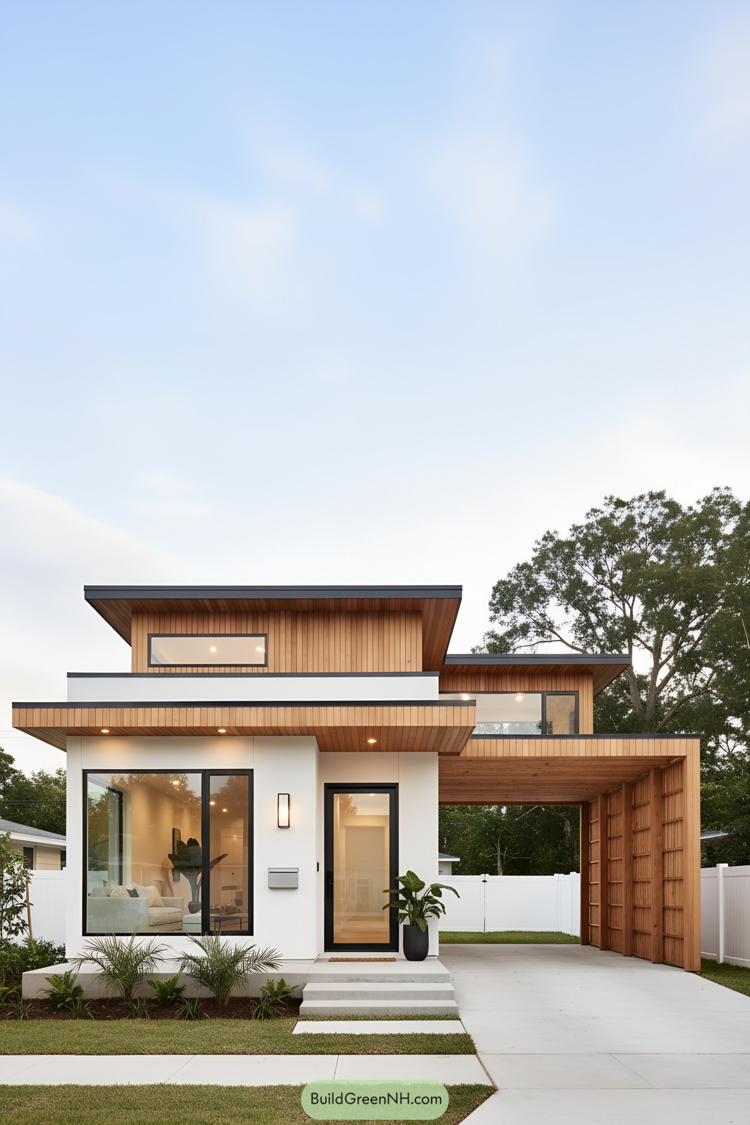 Modern two-story house with cedar cladding and carport