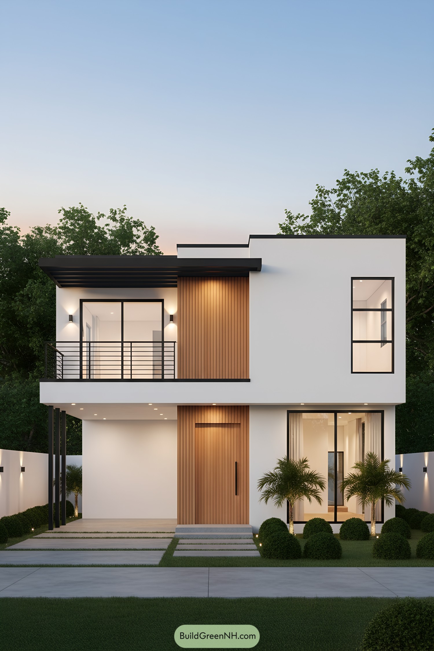 Modern two-story home with white stucco, black trim, and vertical cedar accent paneling