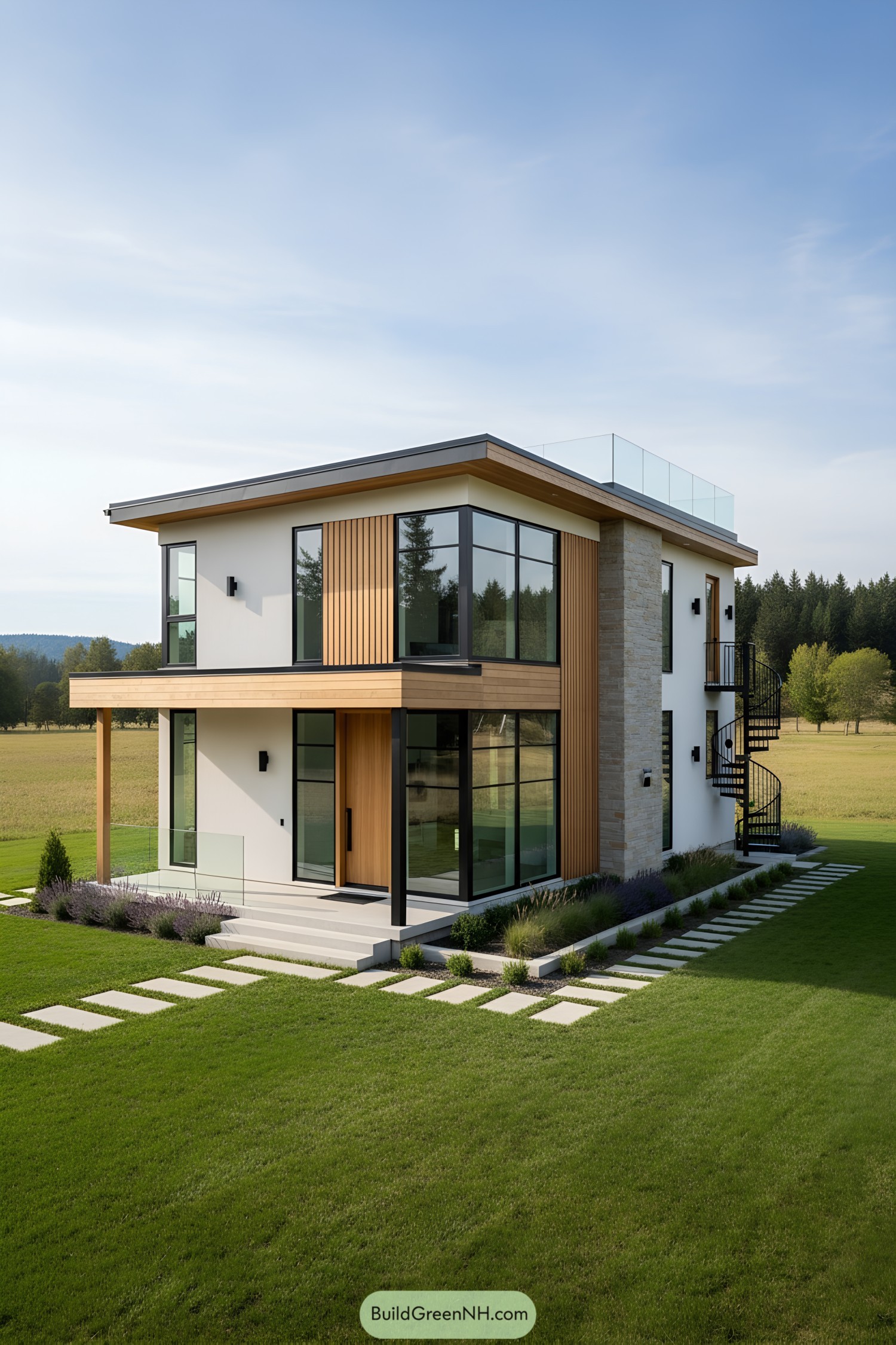 Two-story modern home with wood accents and large glass windows on a grassy field