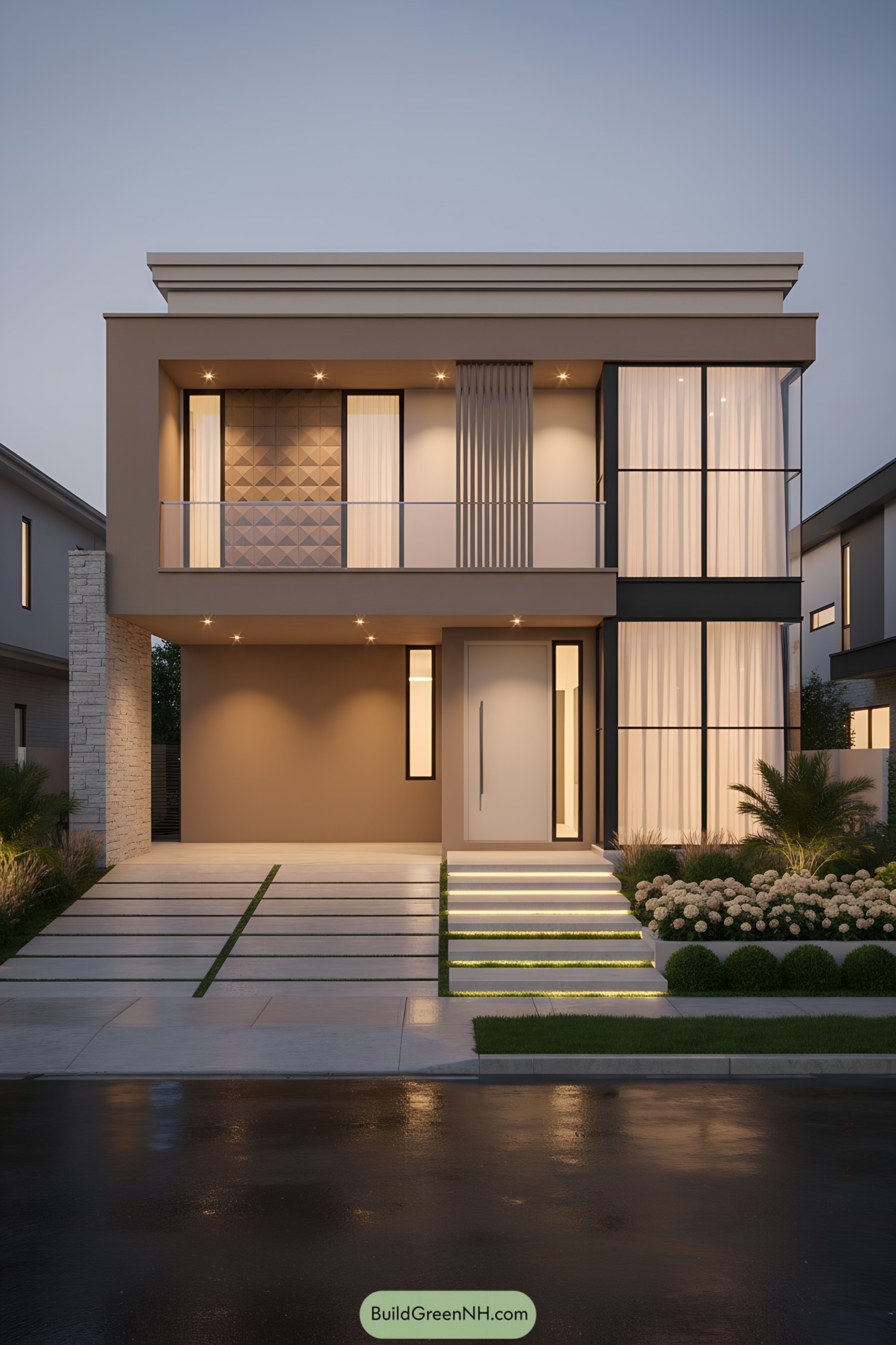 Two-story modern house with warm lighting, glass corners, and a sleek balcony