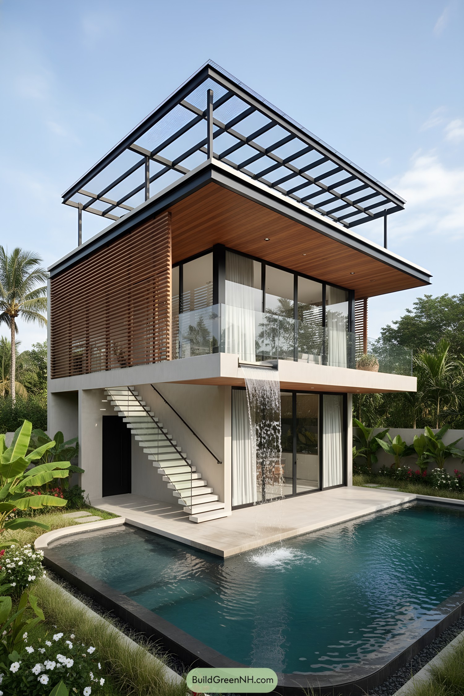 Modern villa with rooftop frame and pool waterfall
