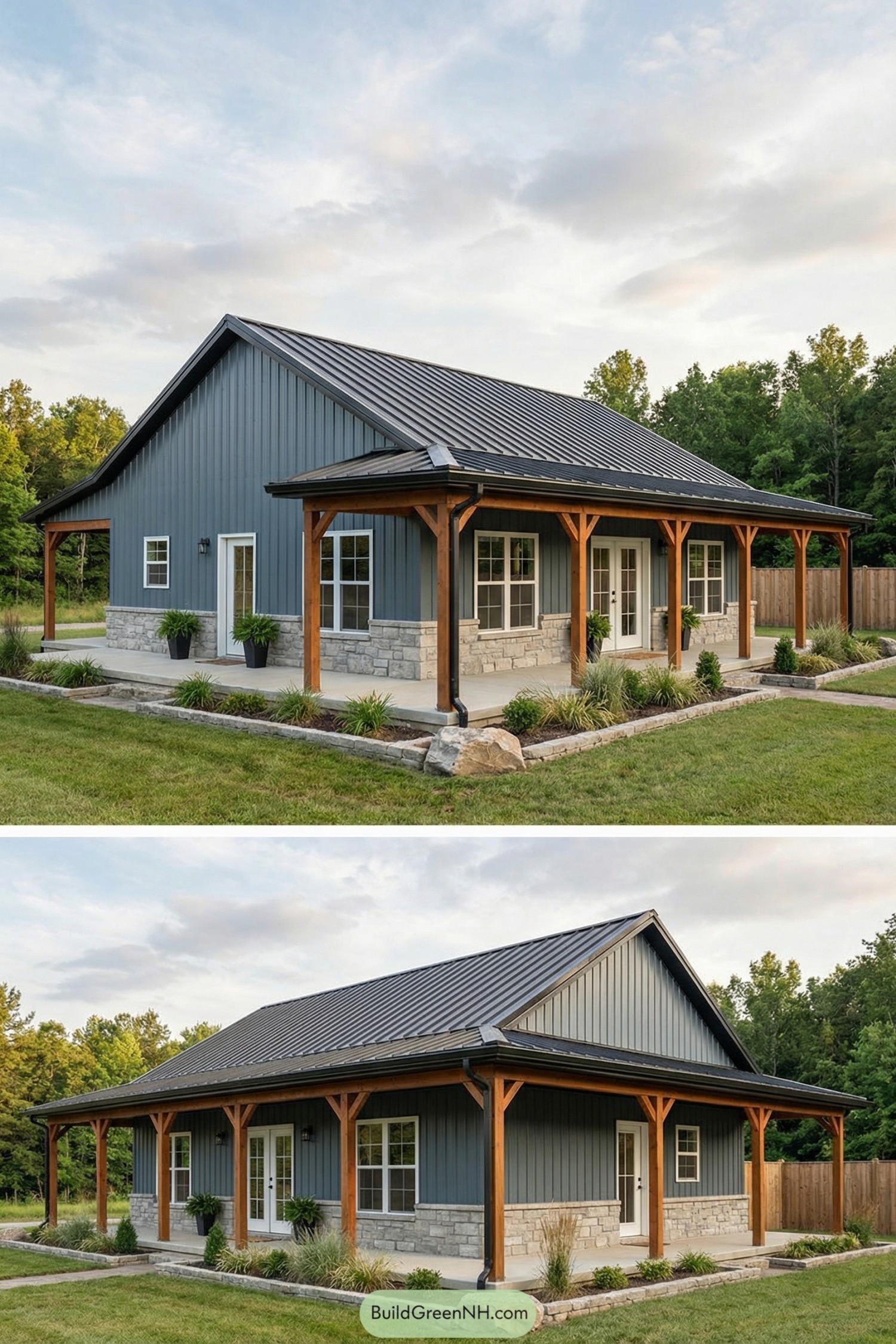 Compact gray barndo with timber posts and wraparound porch