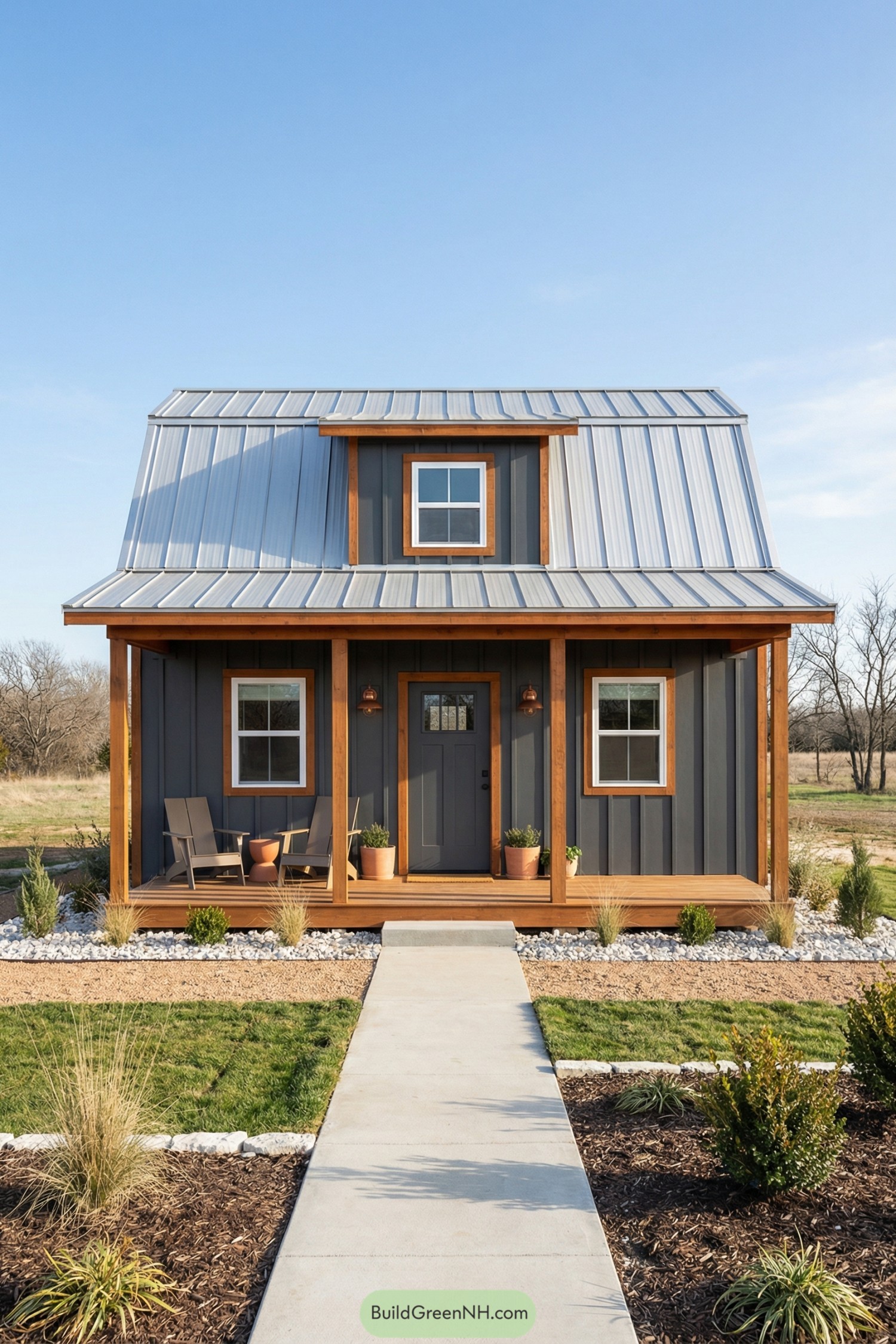 Small barndo with metal roof and wood trim