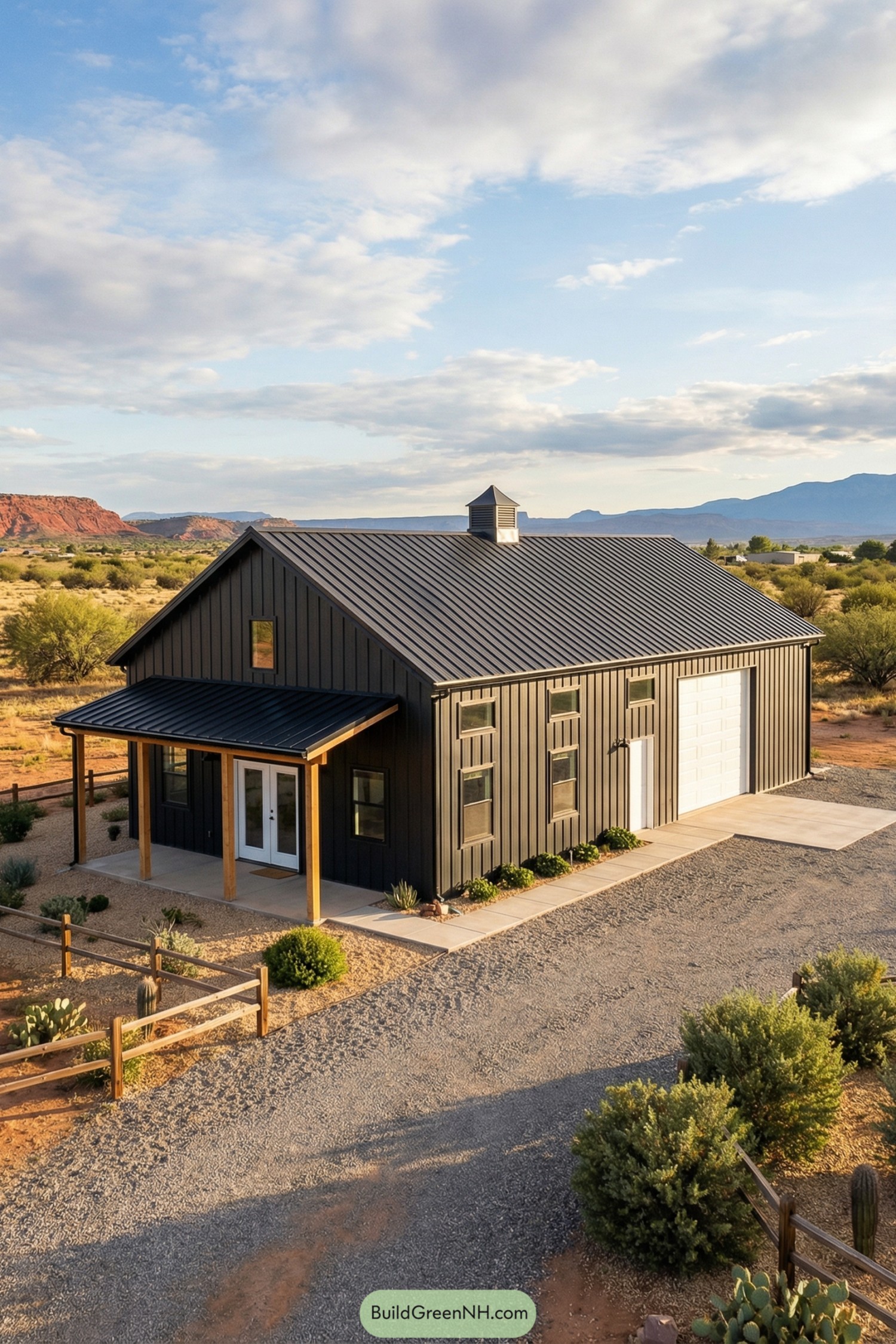 Compact dark metal barndo with front porch and garage door in a desert setting