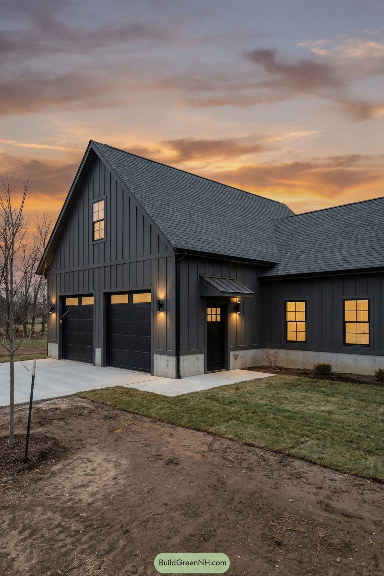 Dark gray board-and-batten barndo with twin garage