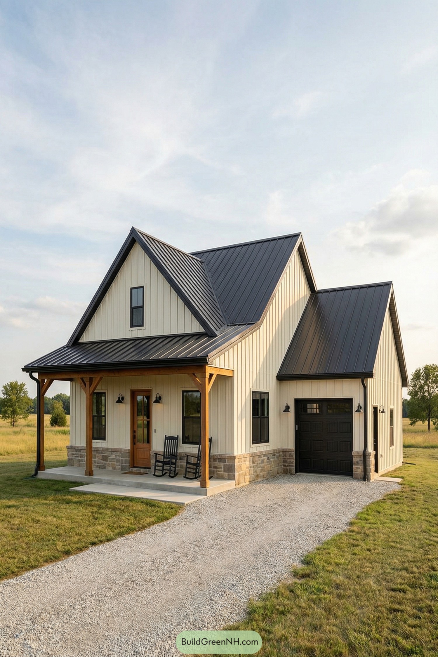 Small cream barndo with black metal roof and porch