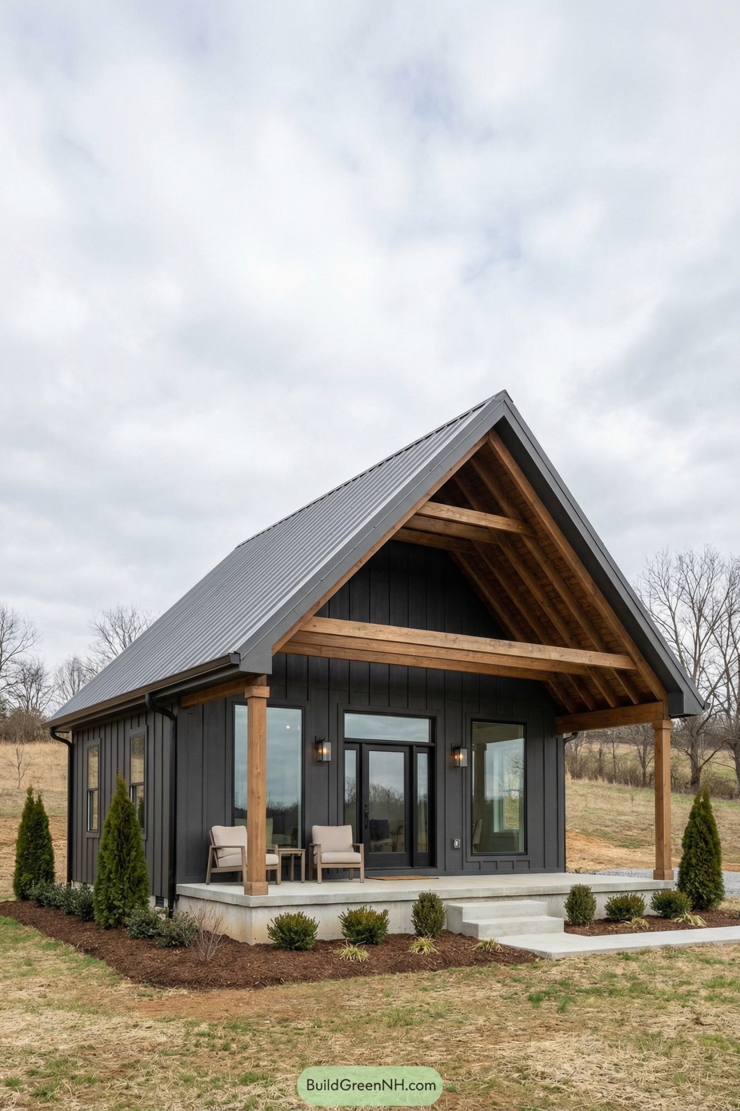 Dark siding barndo with timber porch and gable roof