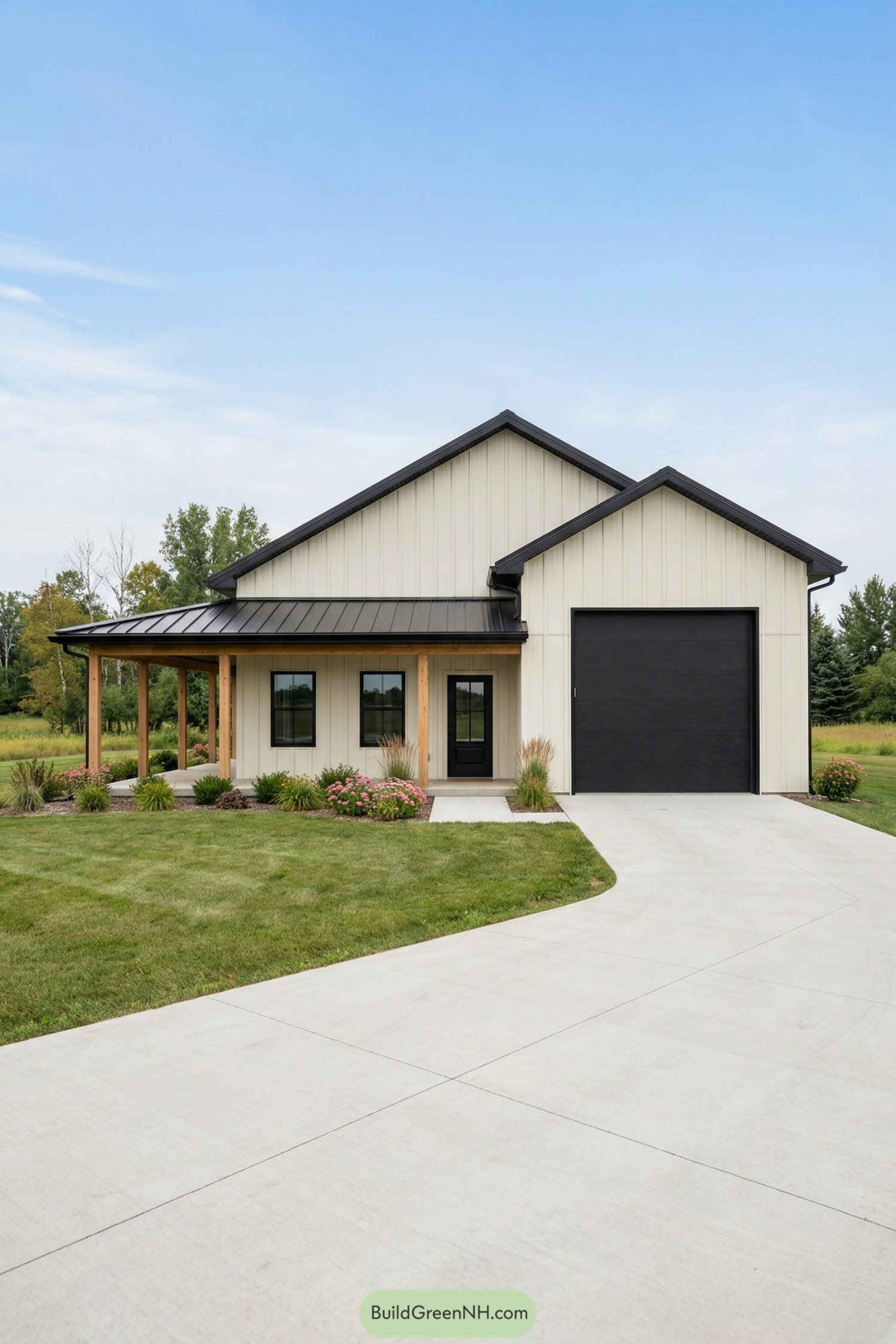 Small cream barndominium with black roof and RV-height garage