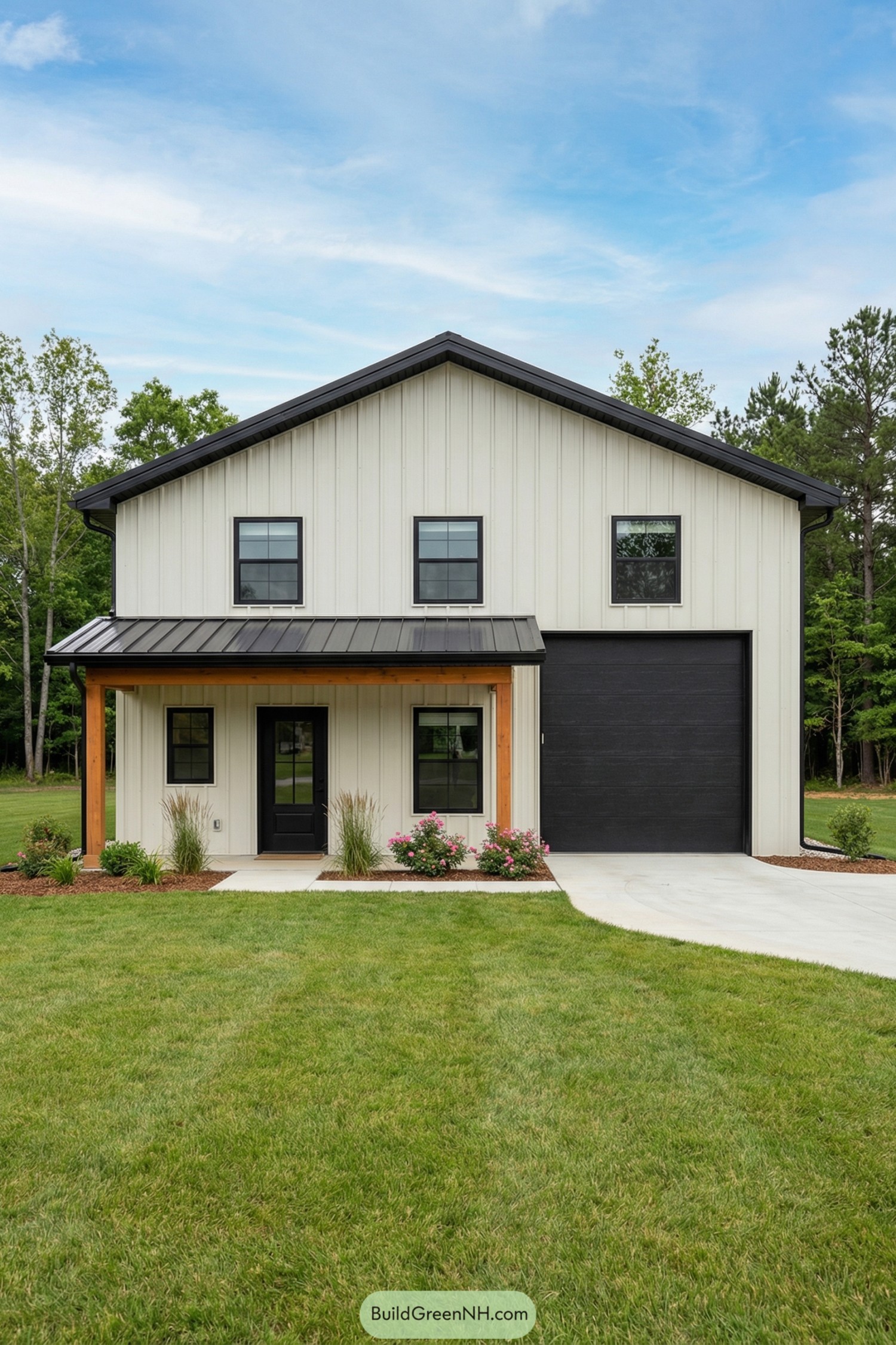 Compact cream metal barndo with black accents and single-bay shop door