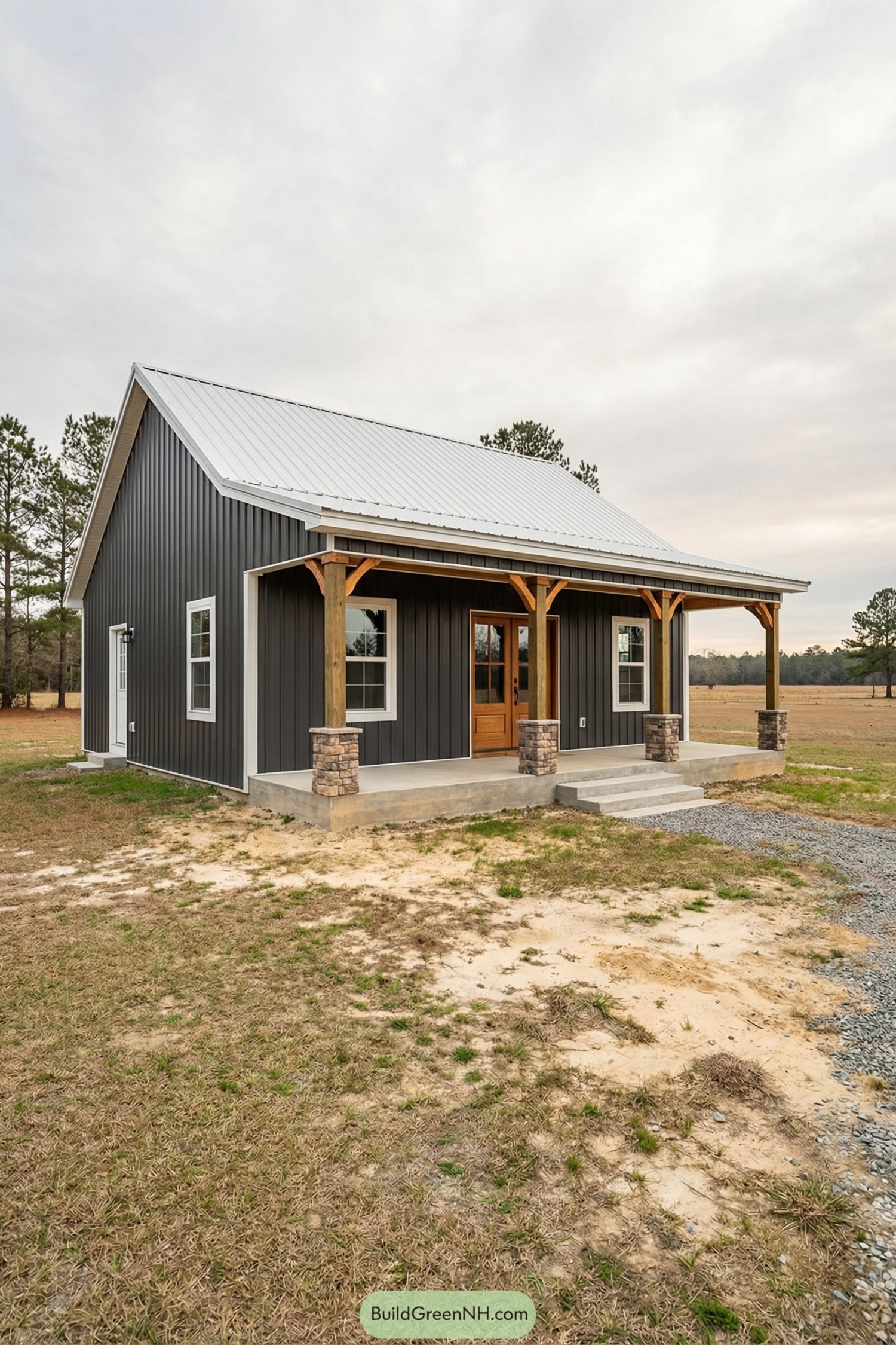 Small dark metal barndo with front porch