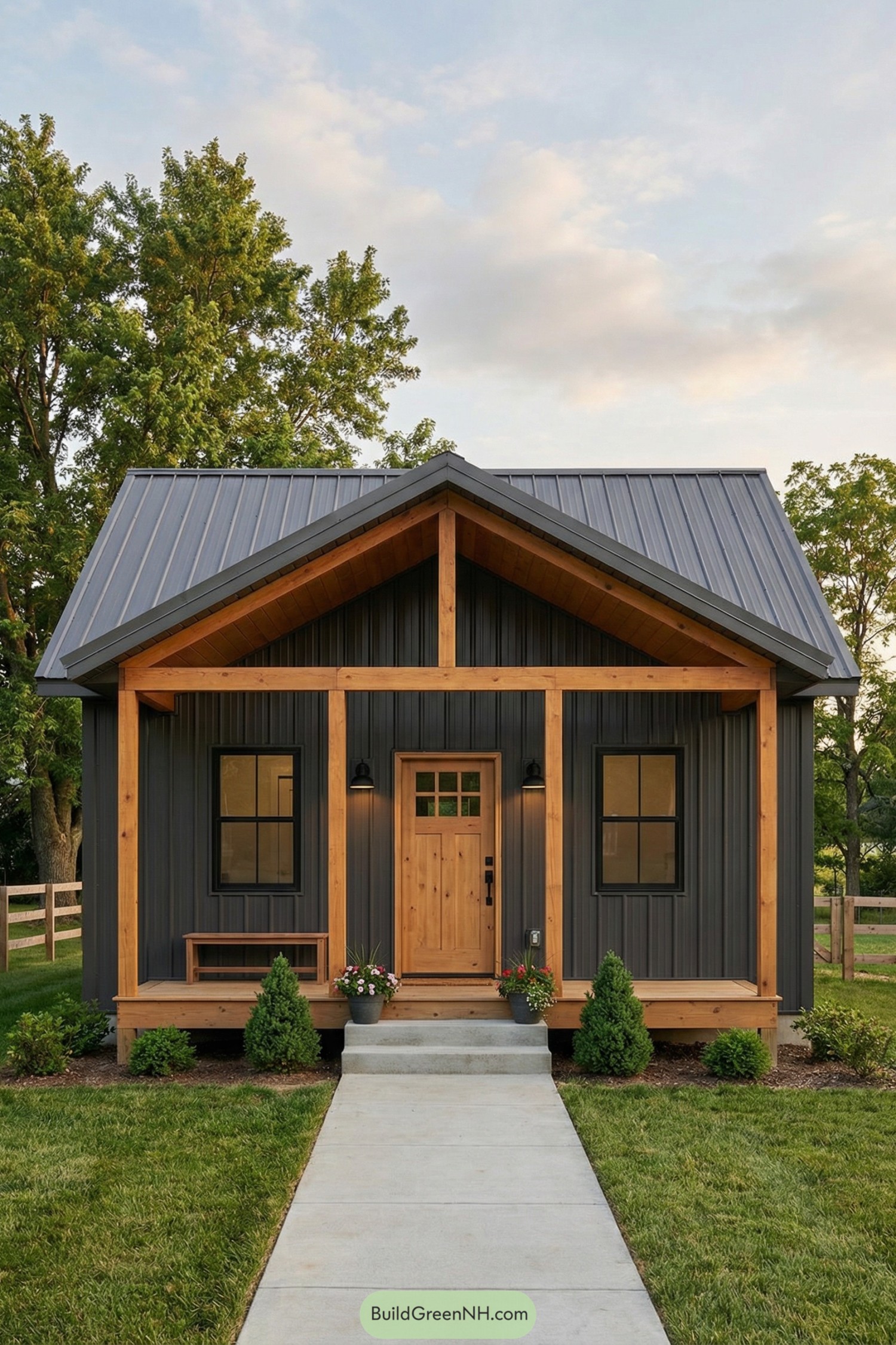Small black metal barndo with timber porch and gable roof