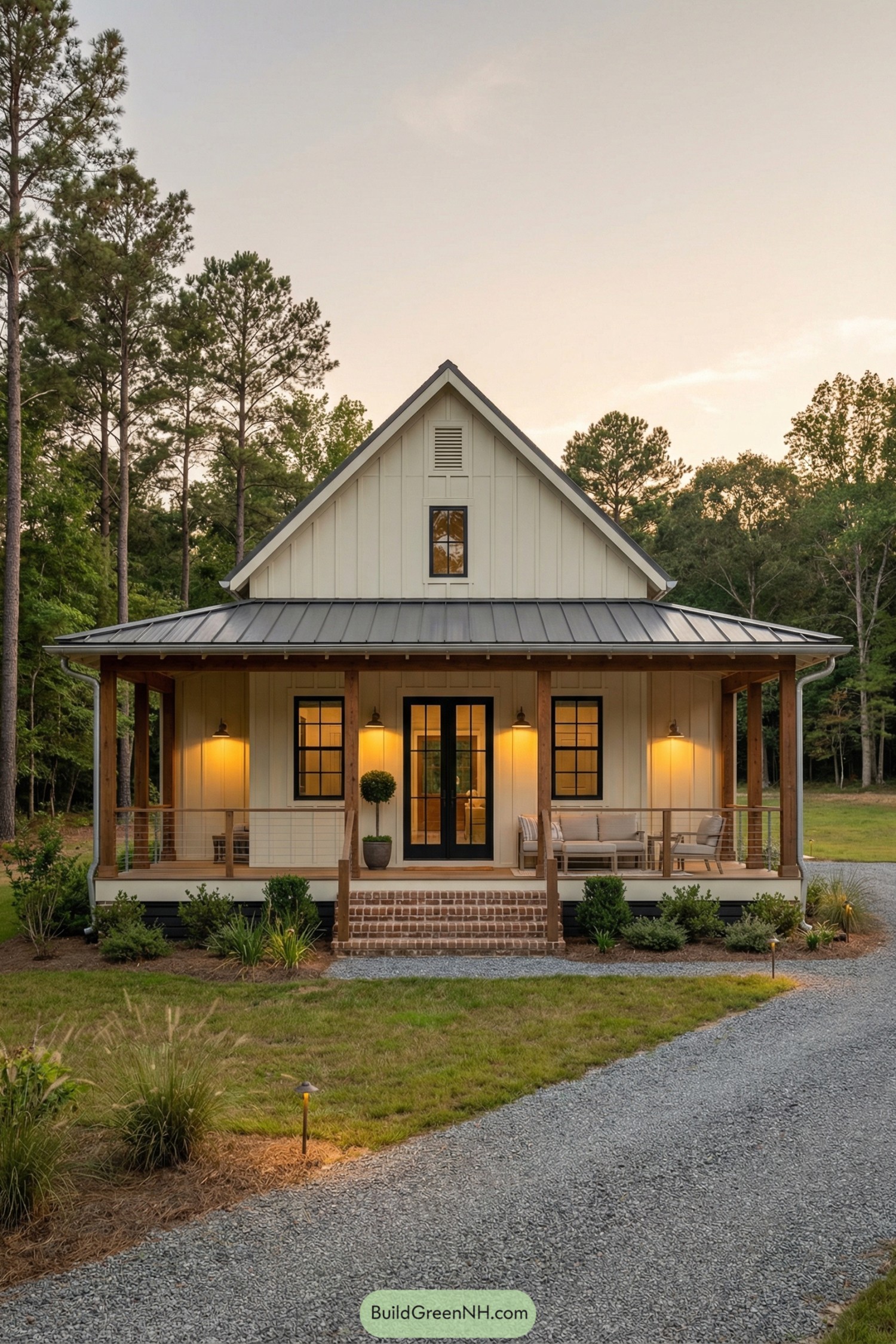 Cozy cream barndo with wraparound porch at dusk