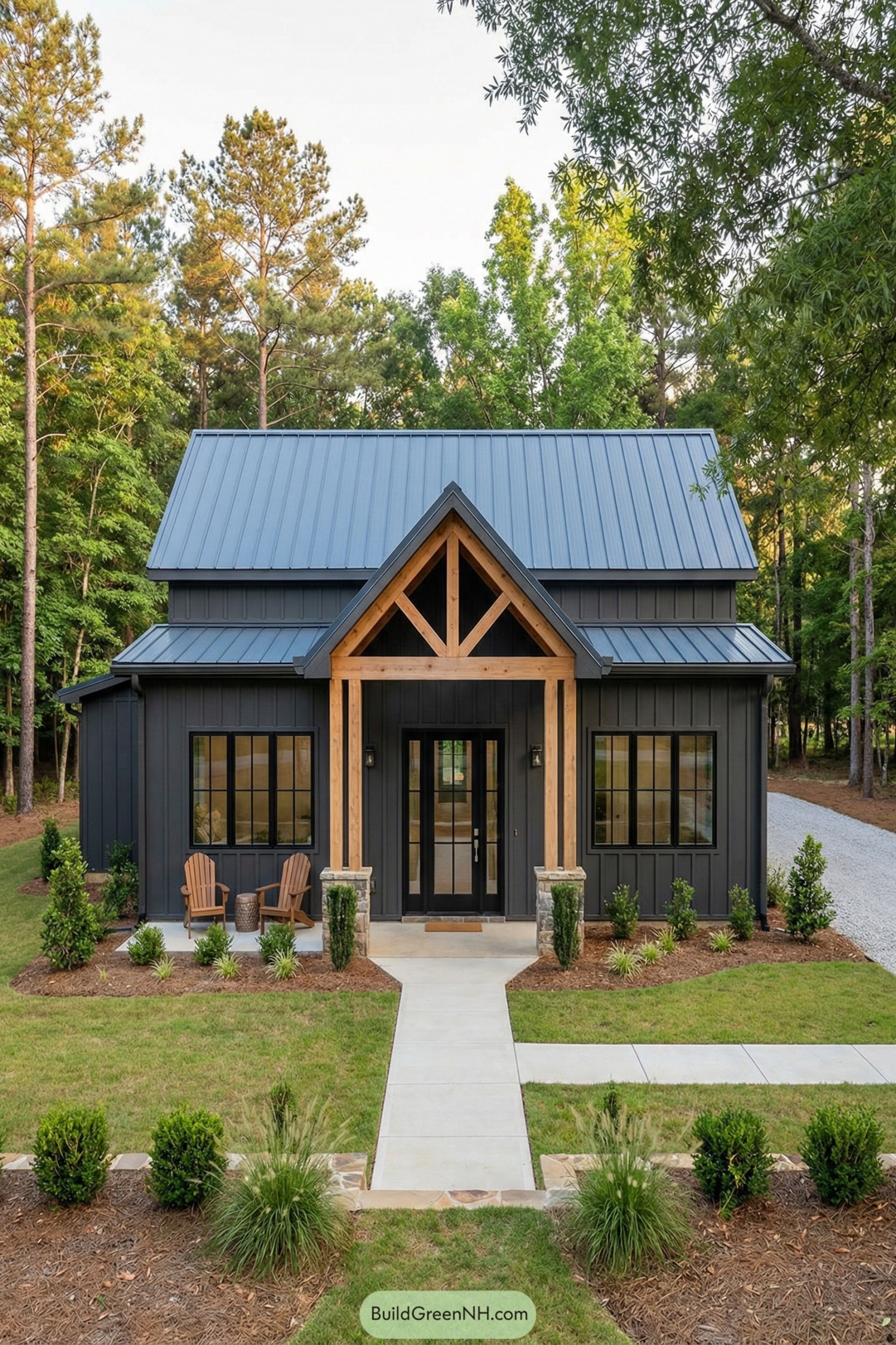 Compact black barndominium with timber truss entry and metal roof