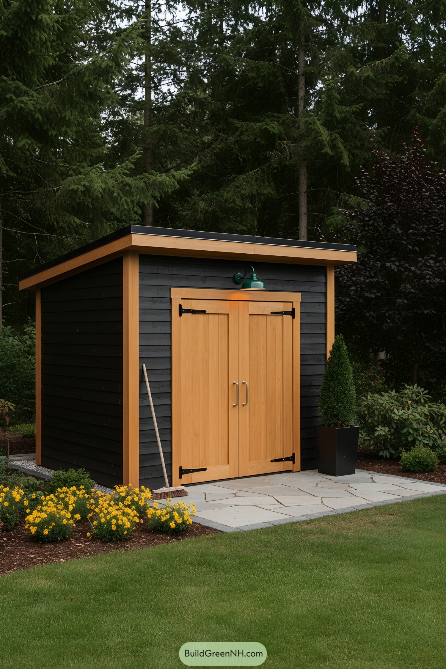 Small black shed with warm wood doors and a sloped roof in a landscaped yard