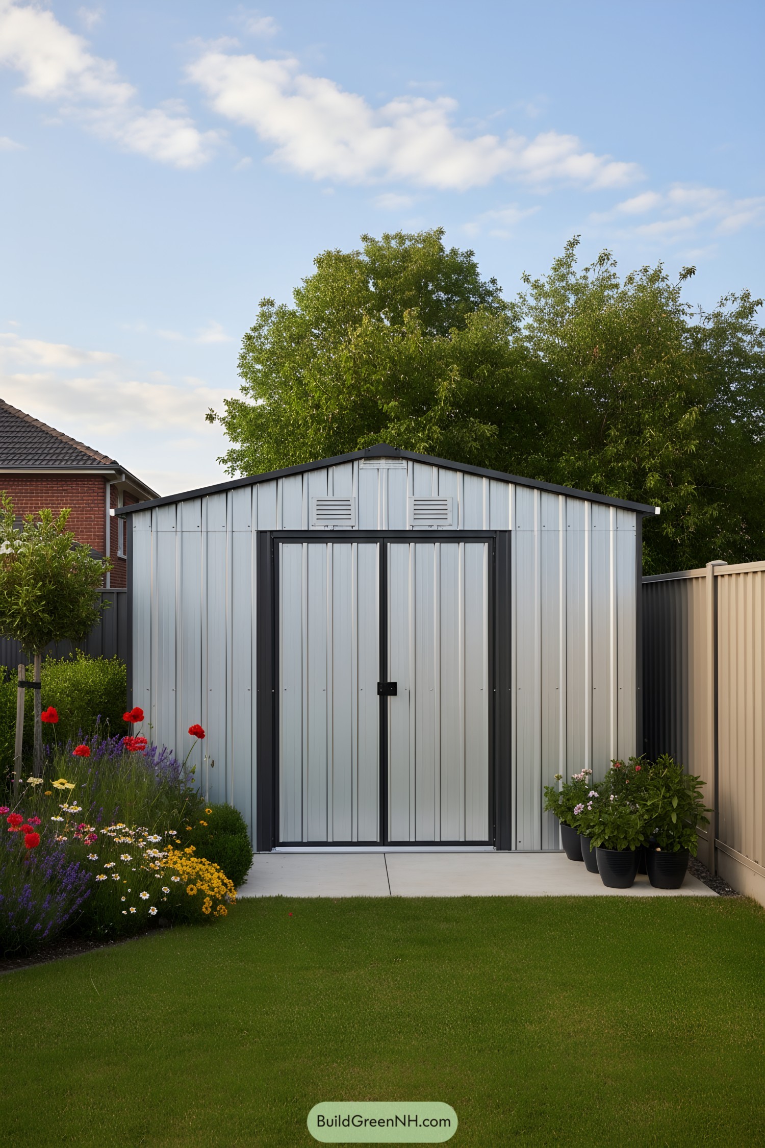 Metal garden shed with gabled roof and double doors
