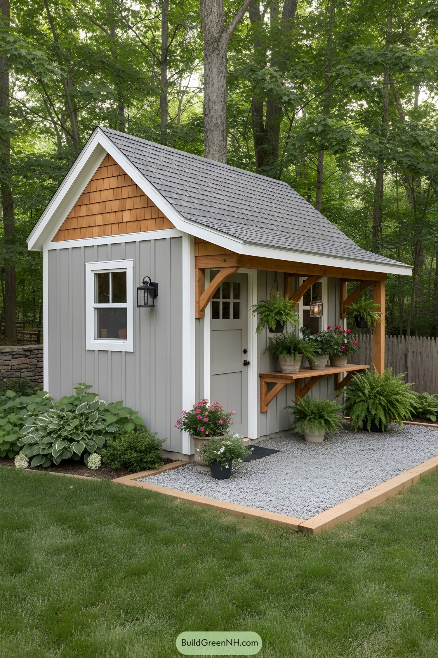 Small gray shed with timber porch and plant shelves