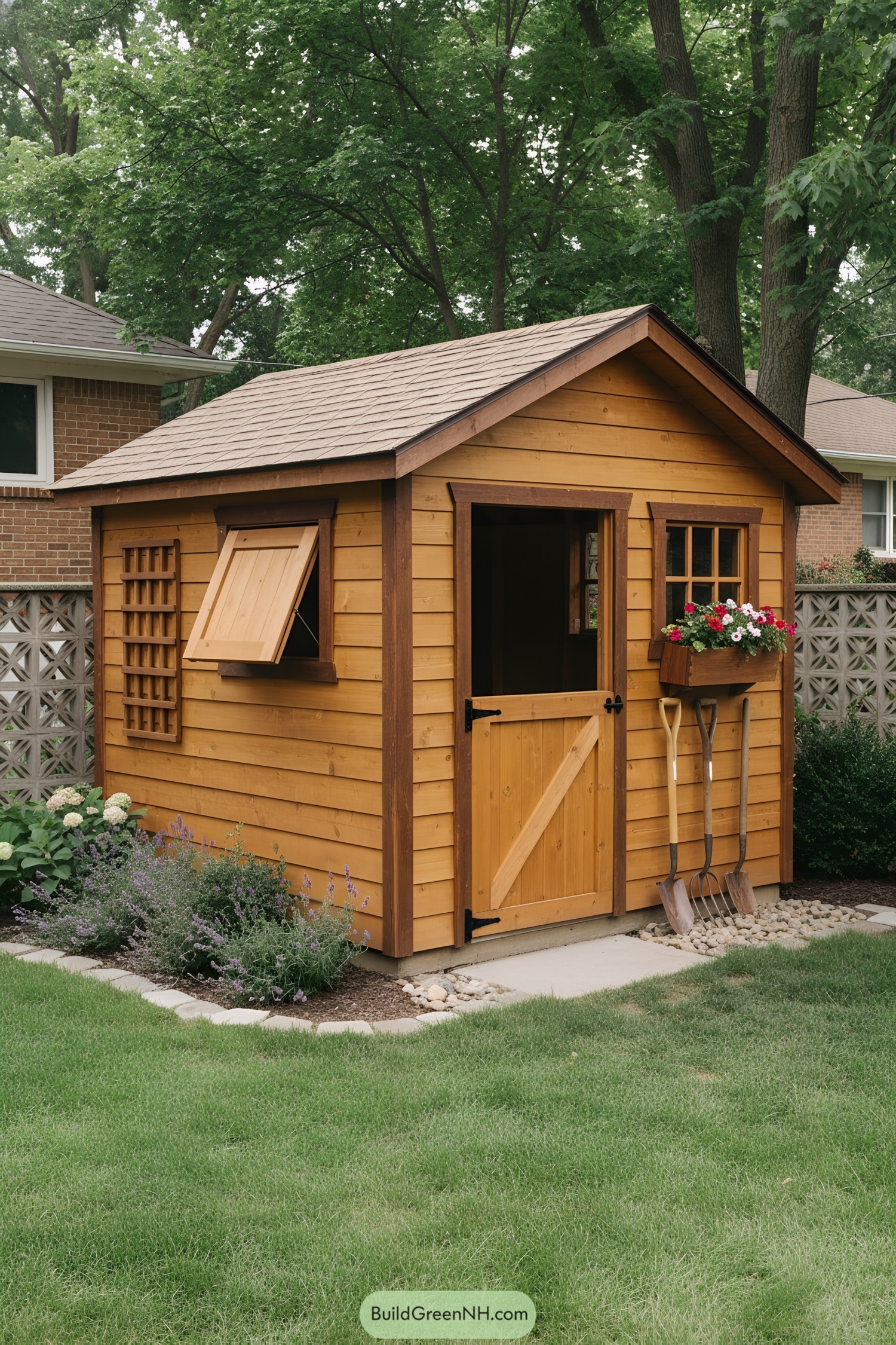 Small cedar garden shed with Dutch door window box and trellis