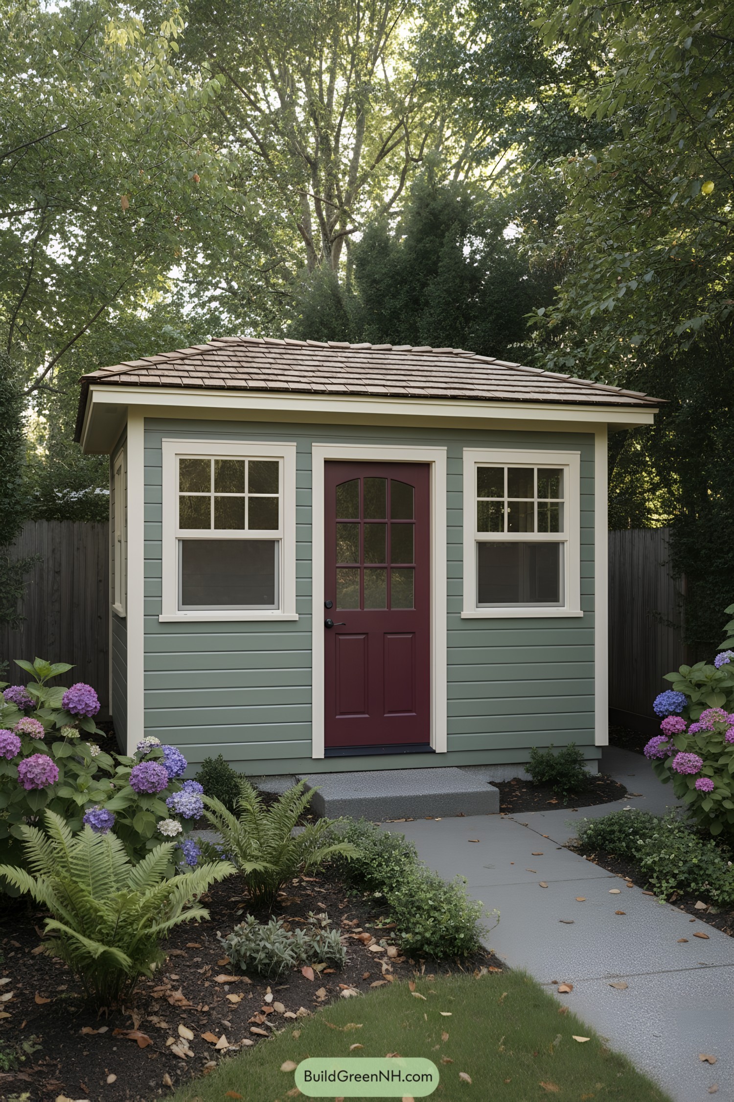 Small green shed with red door and white-trimmed windows